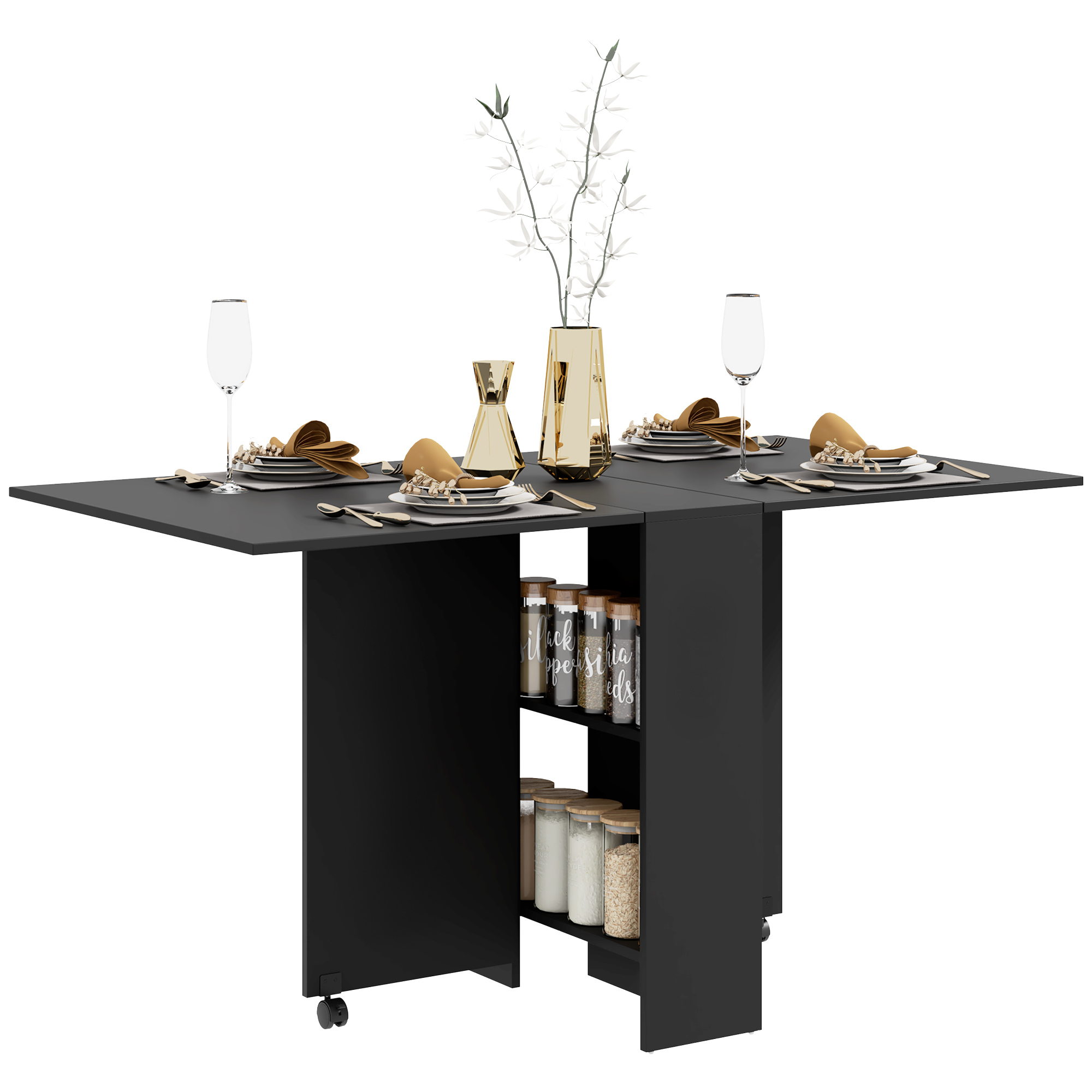 Un tavolo da pranzo nero con allunghe, apparecchiato con piatti. Spazio di stoccaggio con barattoli visibile.
