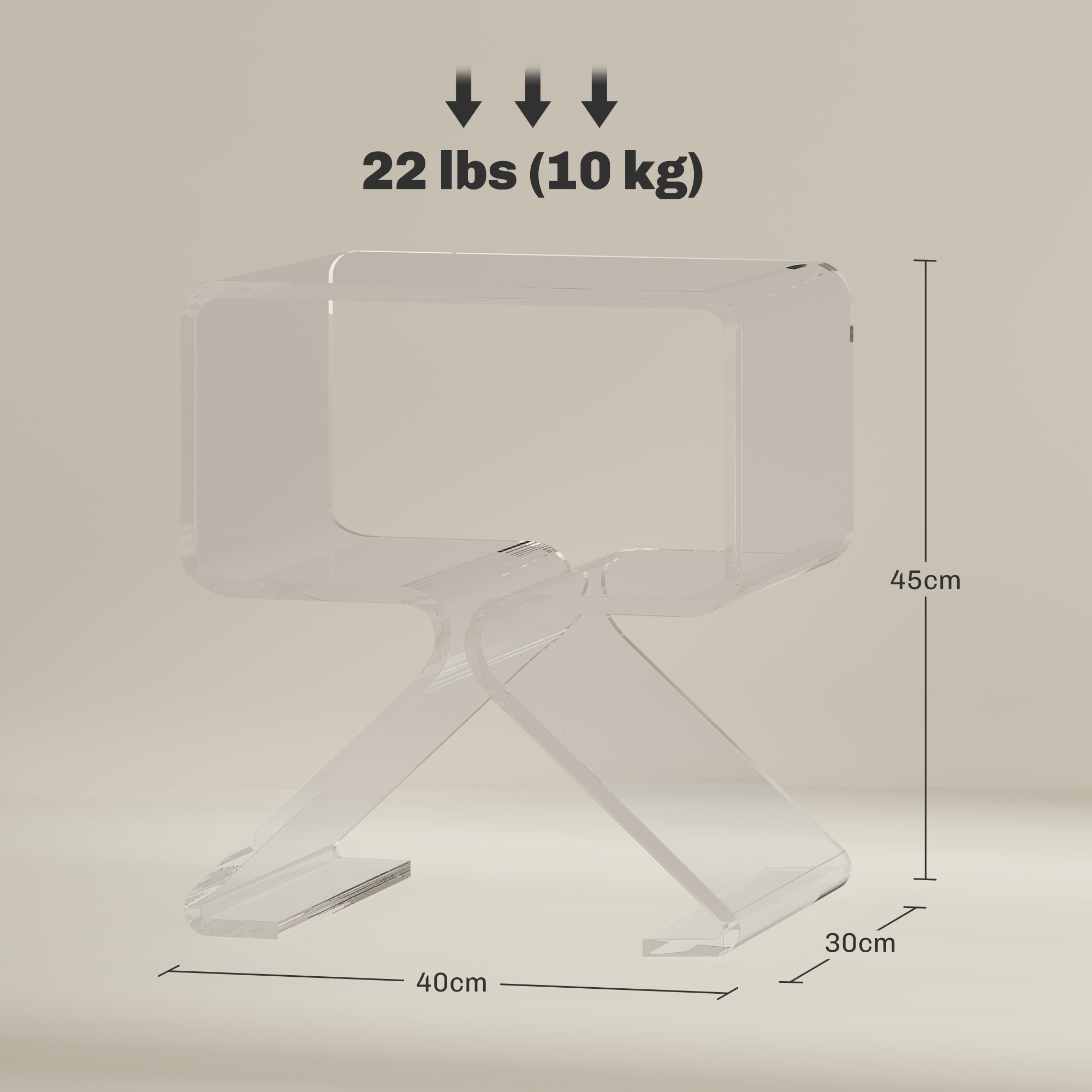 Un tavolino laterale in acrilico trasparente con dimensioni e capacità di 10 kg.