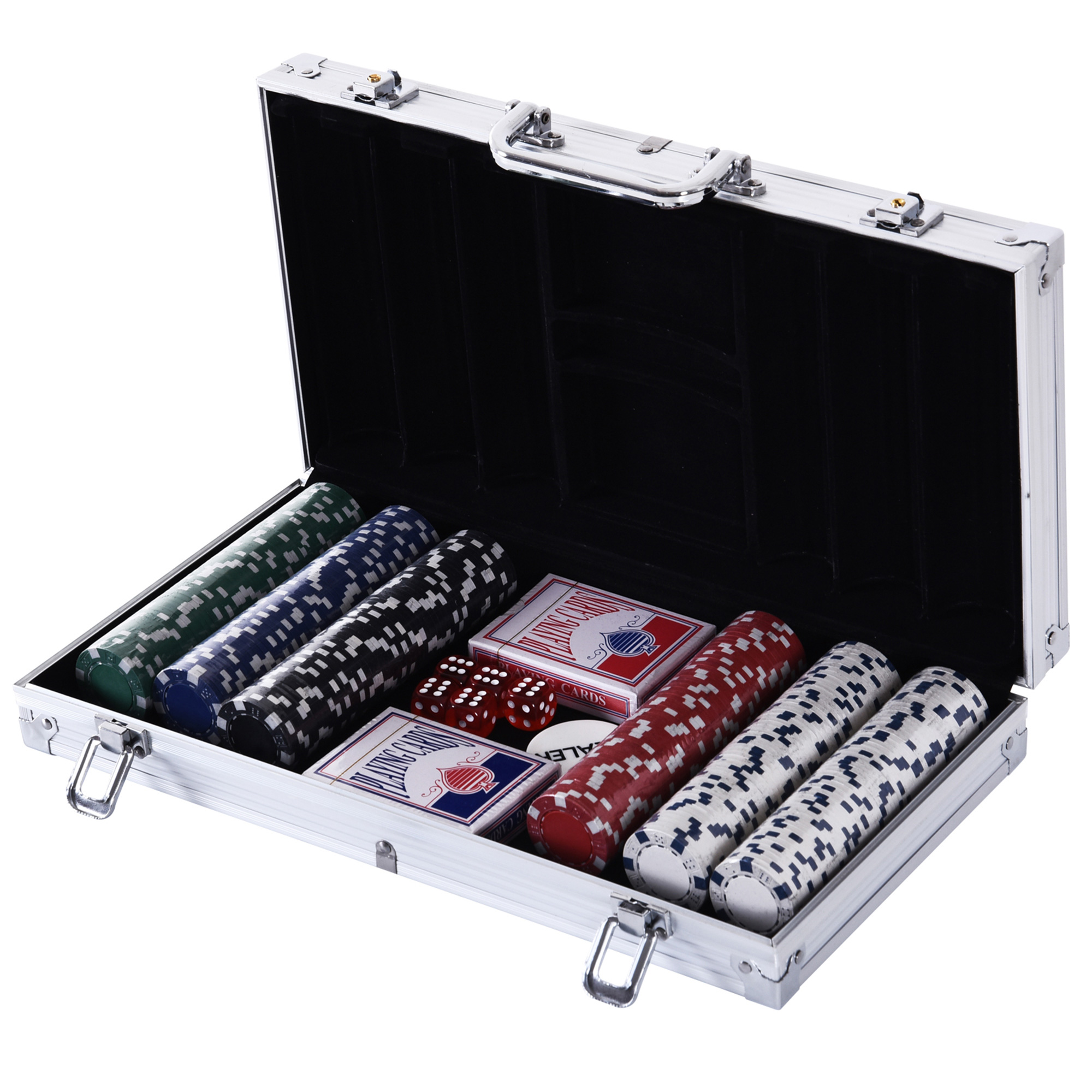 Valigetta in metallo argentato aperta, che rivela fiches da poker, due mazzi di carte e dadi.