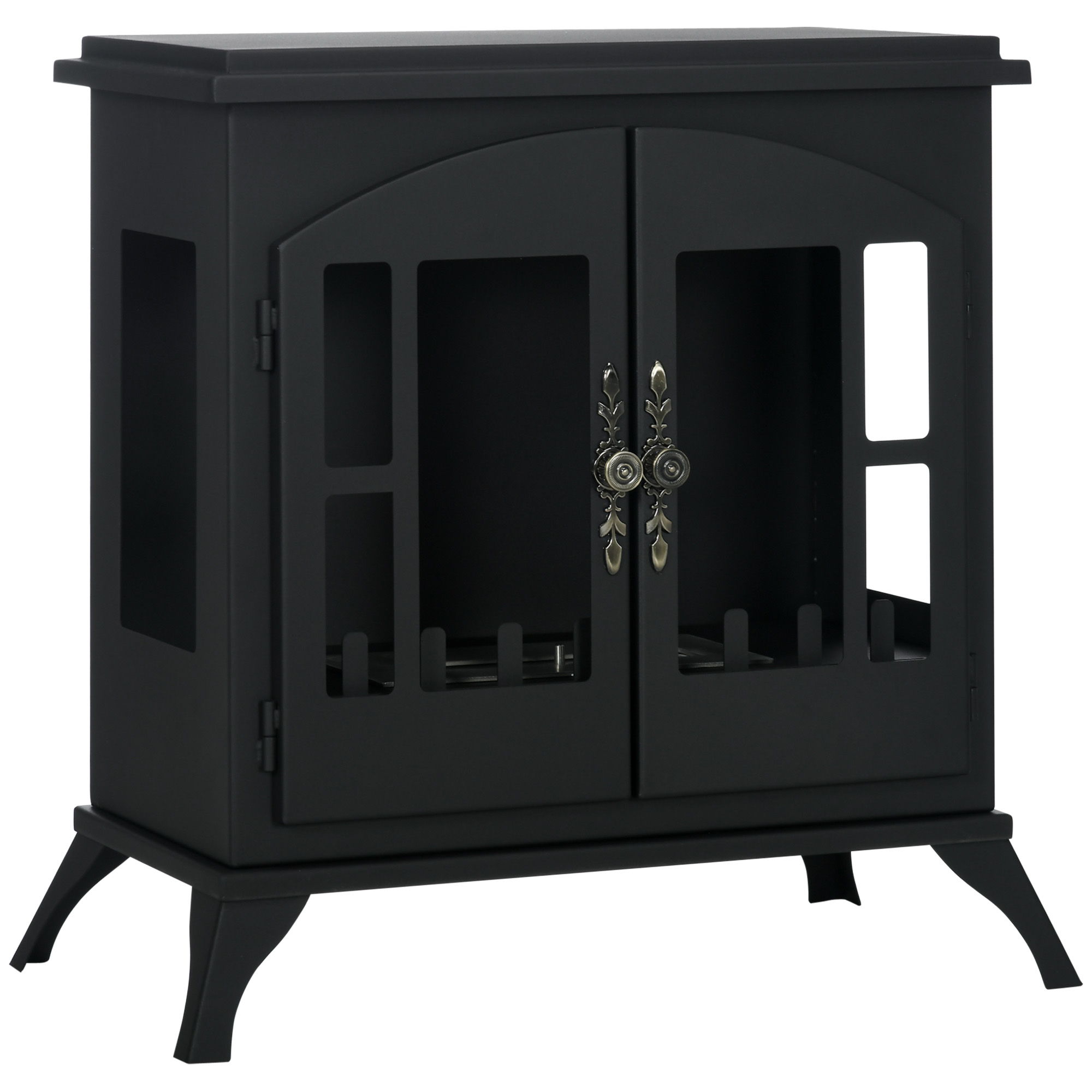 Caminetto nero con porte in vetro e dettagli decorativi. Gambe visibili.