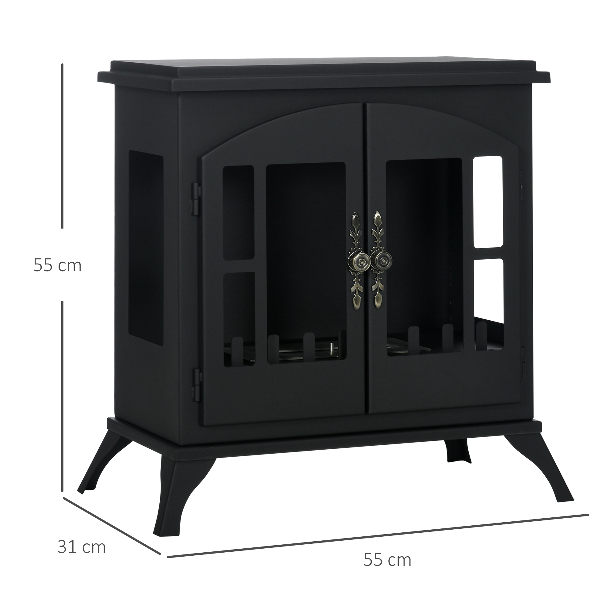 Un caminetto nero con due ante e dettagli decorativi. Le dimensioni sono fornite in centimetri.
