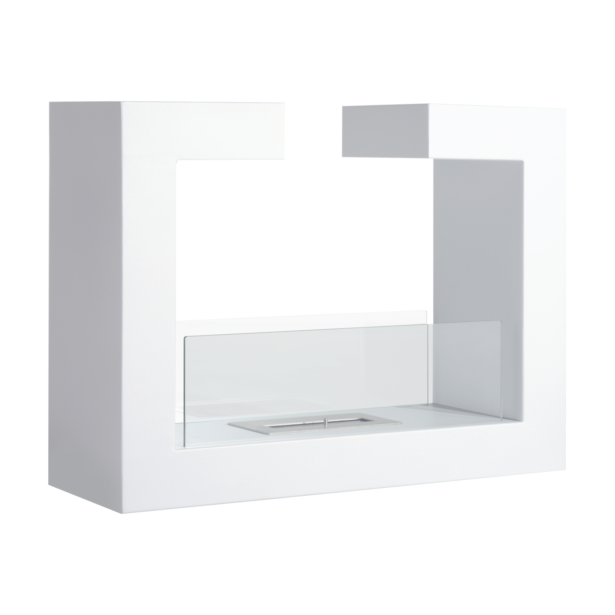 Caminetto bianco con design quadrato e pannello in vetro. L'interno è vuoto.