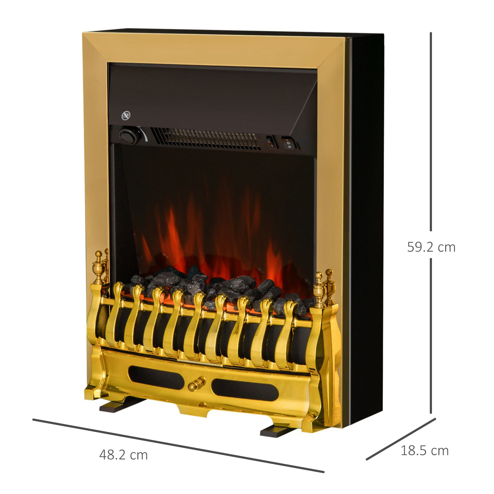 Caminetto elettrico con cornice dorata con fiamme, carboni e misure visualizzate.