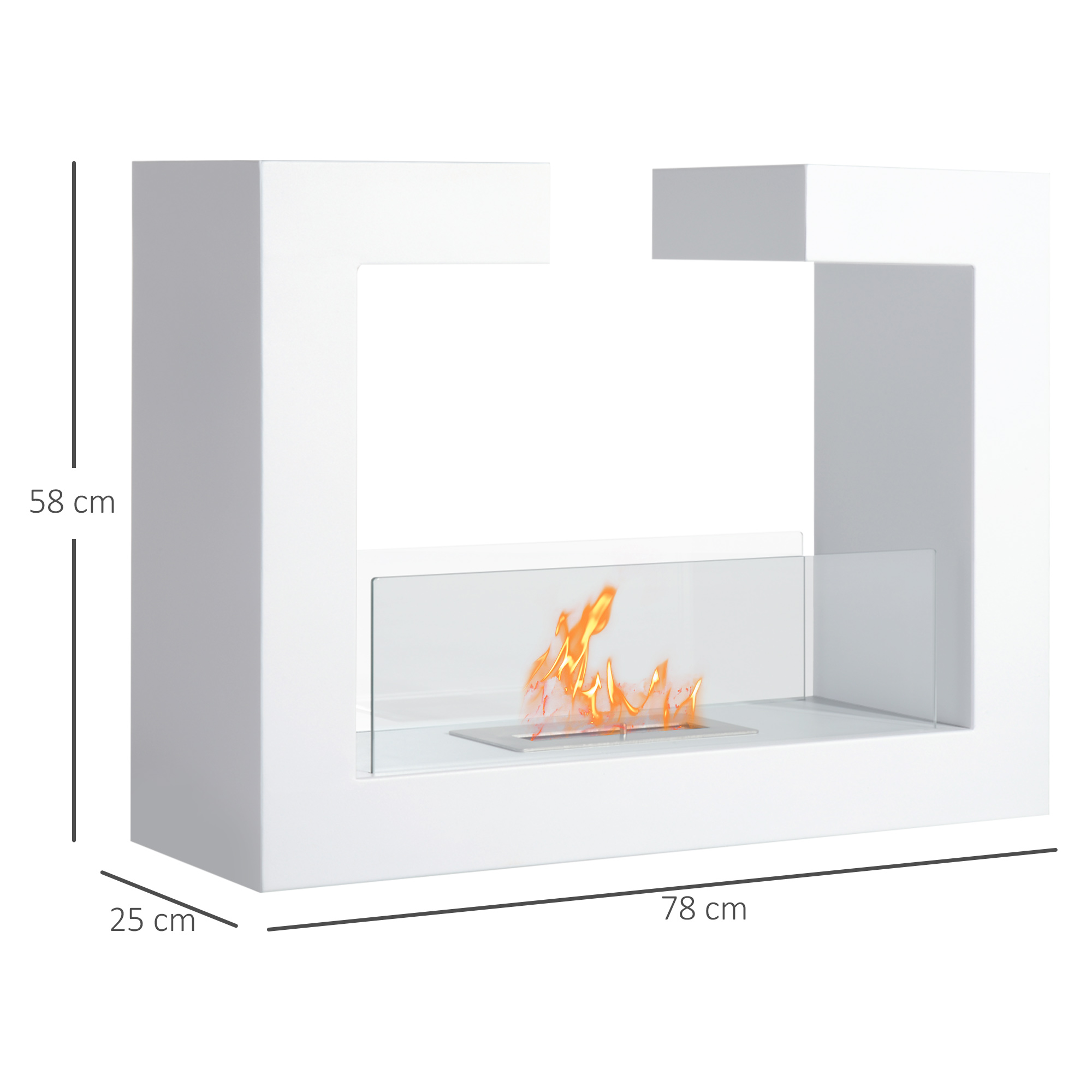 Caminetto bianco con una fiamma all'interno, con dimensioni indicate. Un design a forma di U.