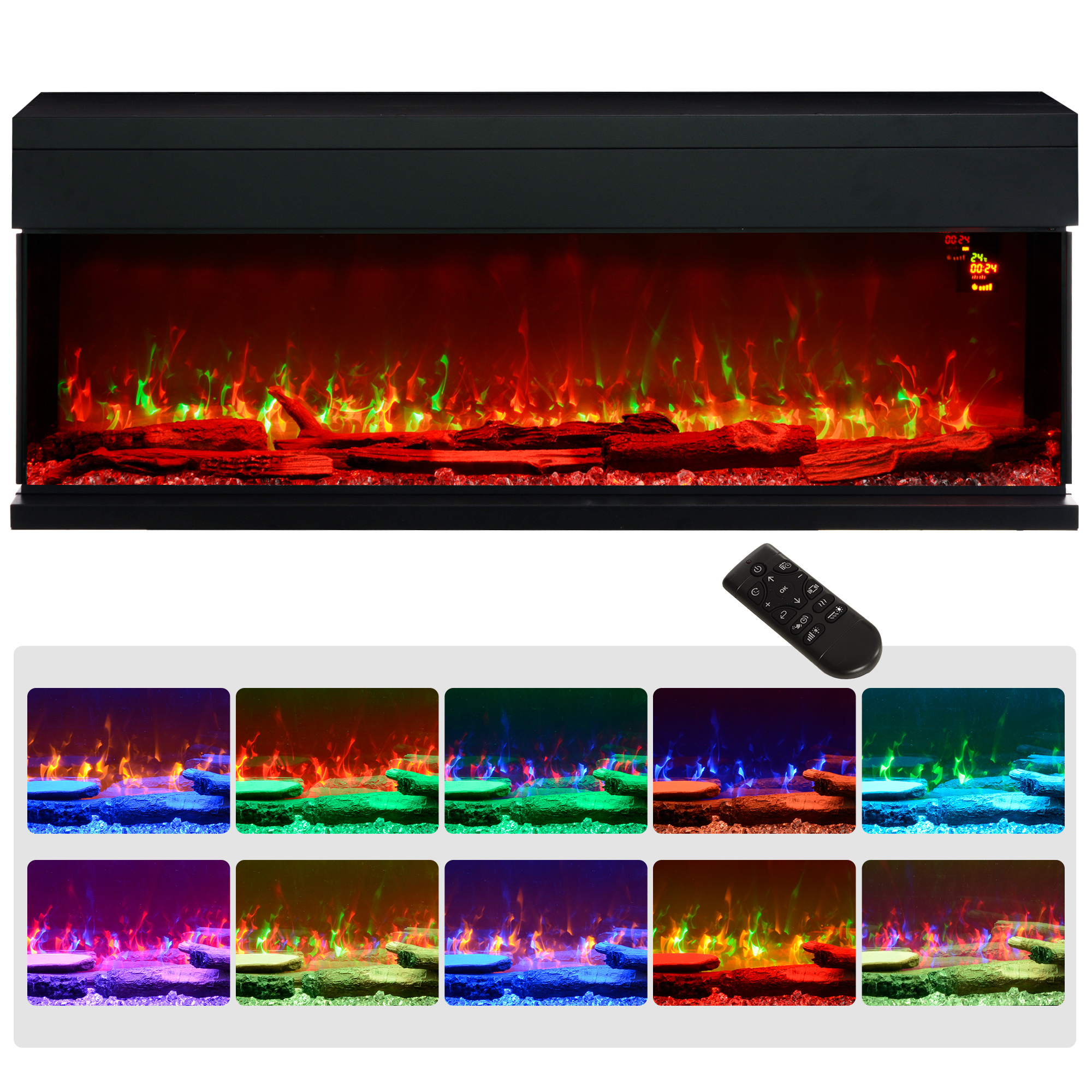 Ampio caminetto elettrico con fiamme, tronchi e telecomando con opzioni colore.