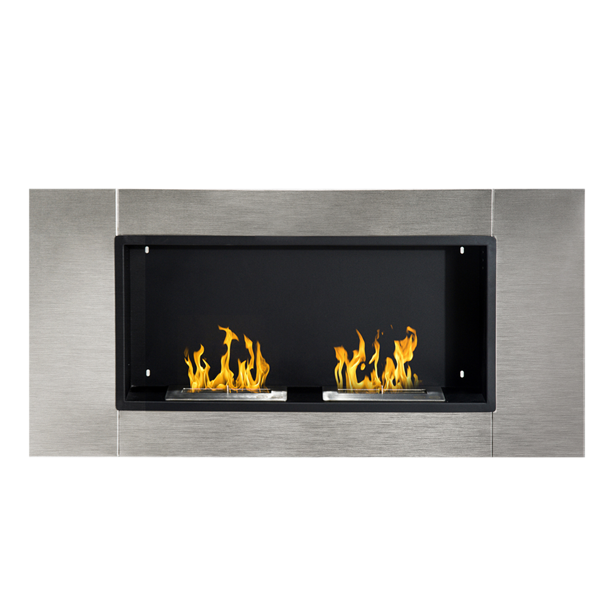 Caminetto con fiamme. Cornice in metallo, interno nero. Due unità di fiamma. Sfondo bianco.