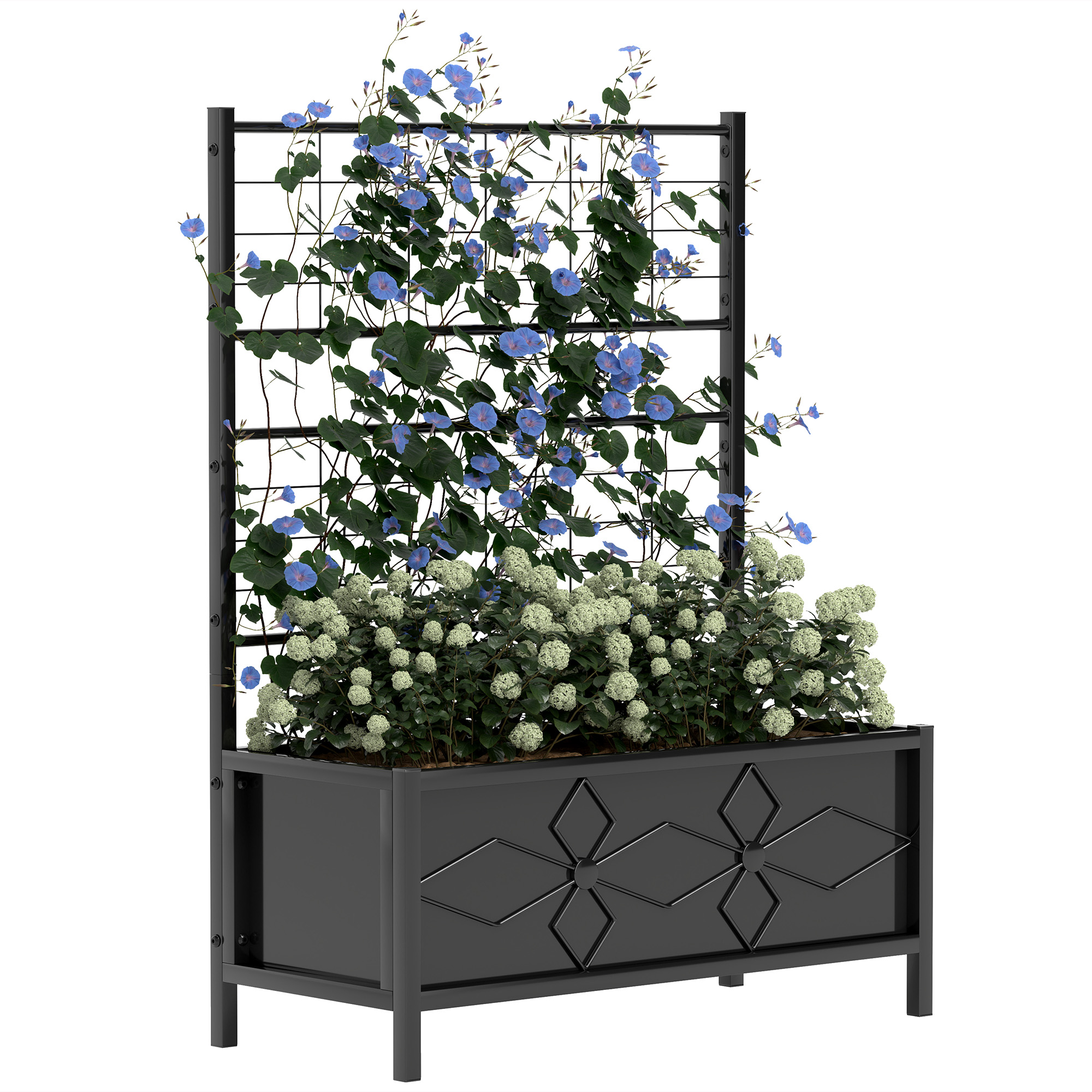 Fioriera in metallo nero con fiori blu e bianchi su sfondo bianco.