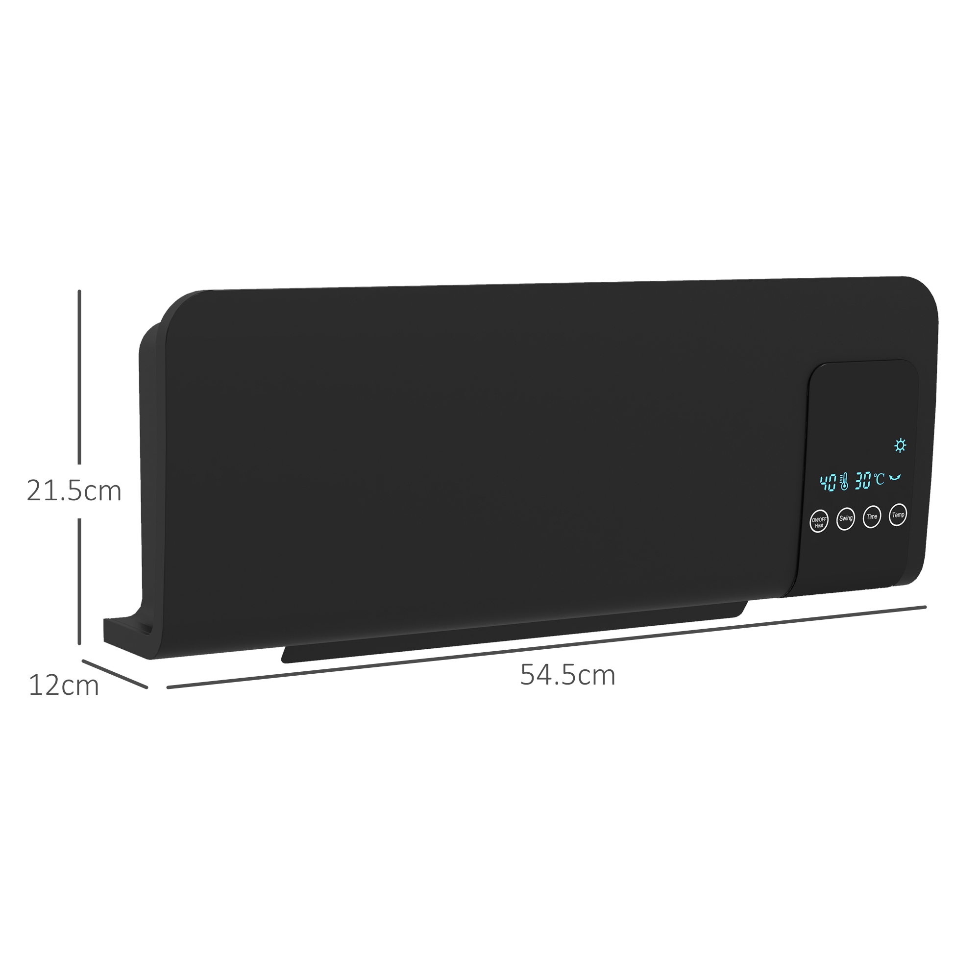 Termoventilatore elettrico nero a parete con dimensioni. Display digitale, pulsanti. 54,5 cm x 12 cm x 21,5 cm.