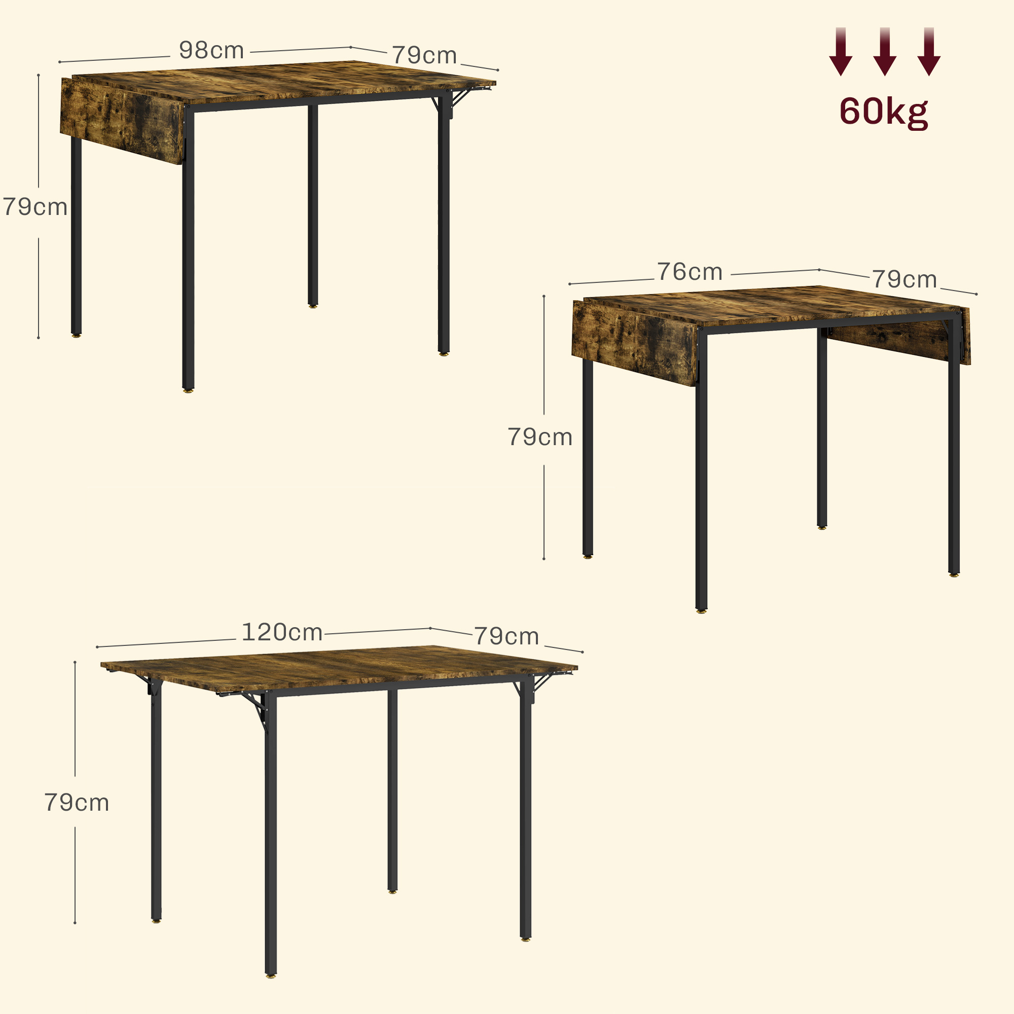 Tre tavoli effetto legno marrone con gambe nere. I tavoli hanno dimensioni diverse e sono pieghevoli.