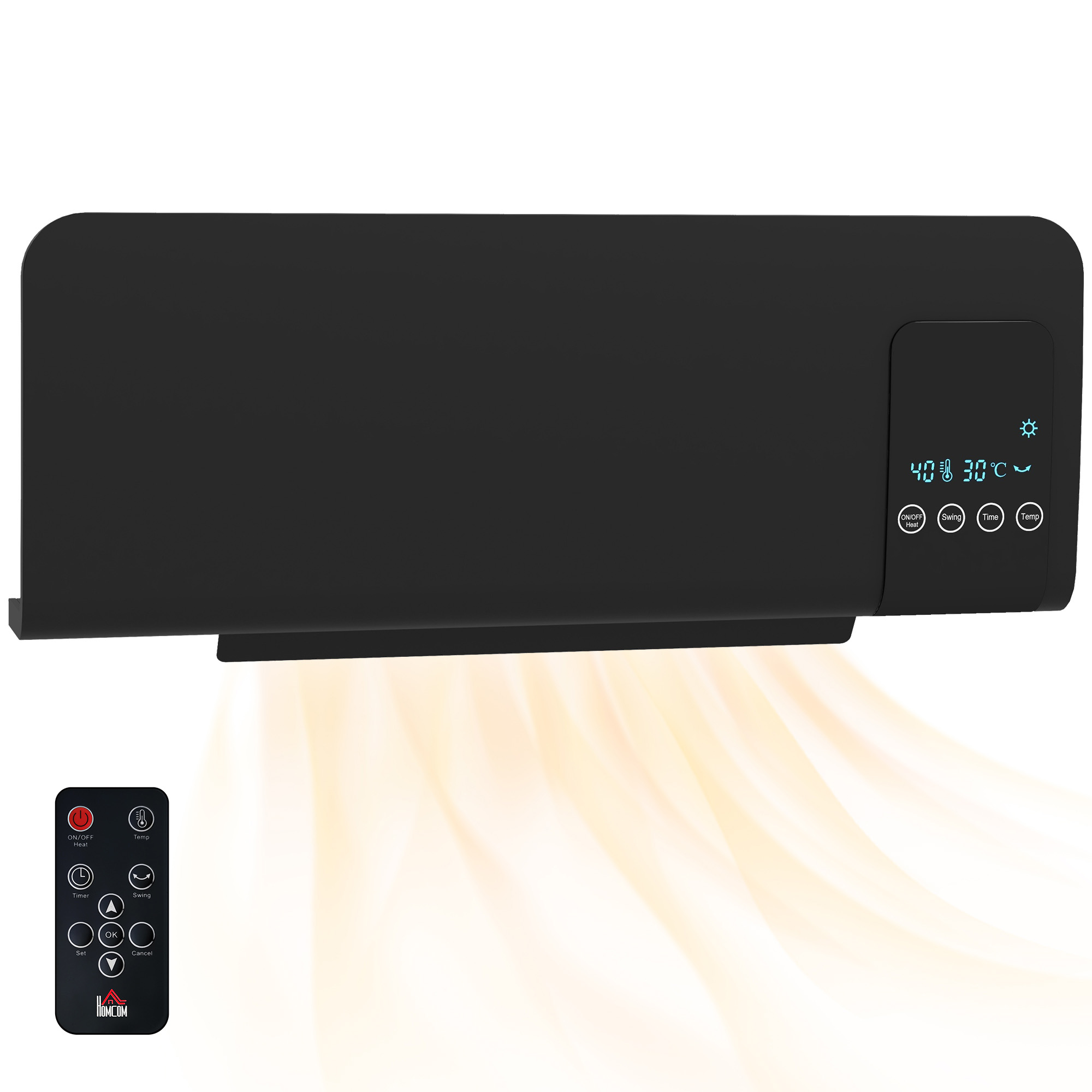 Un termoventilatore elettrico nero a parete con telecomando e display digitale.