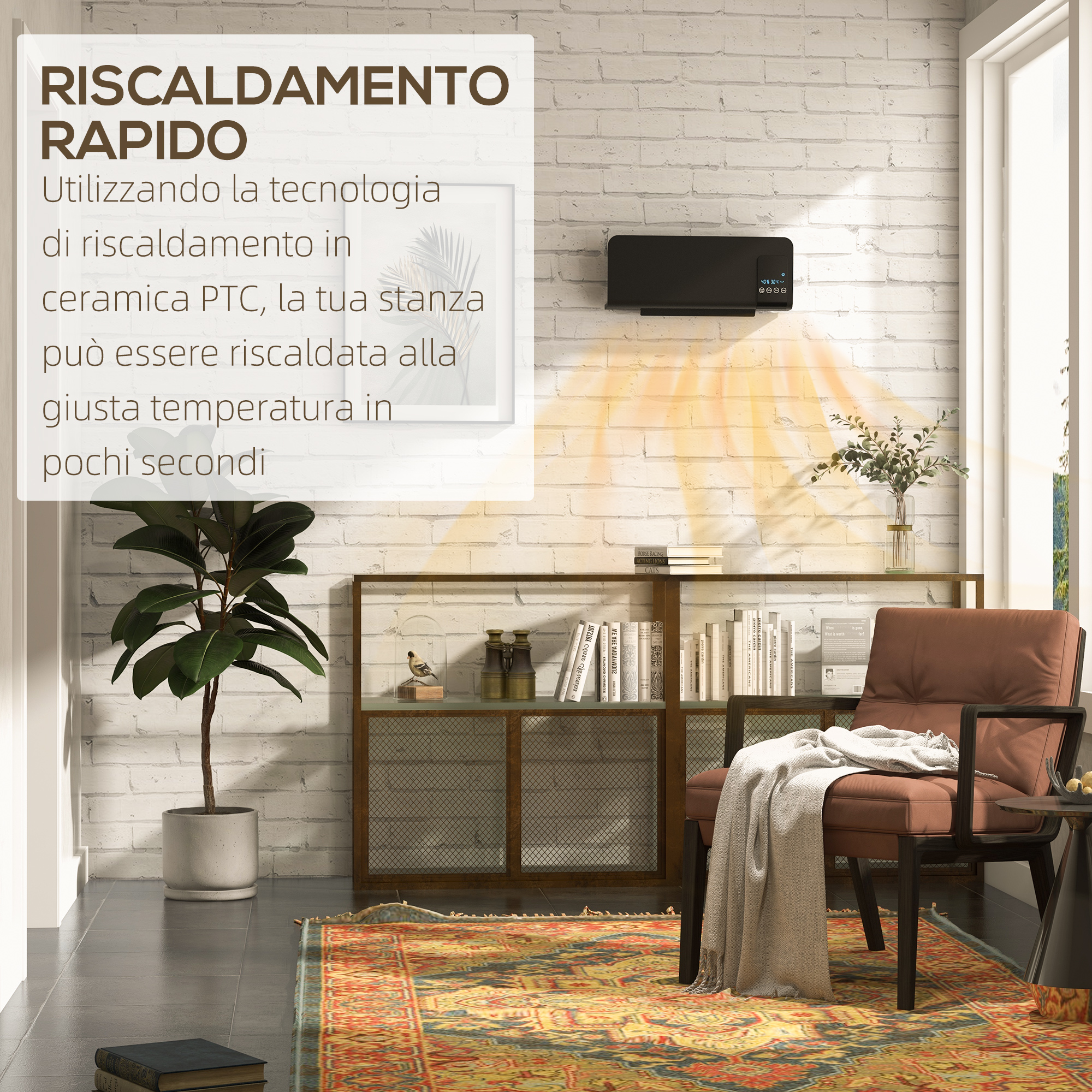 Una stanza con un riscaldatore a parete. Una sedia, un tavolo e una pianta sono nella stanza.