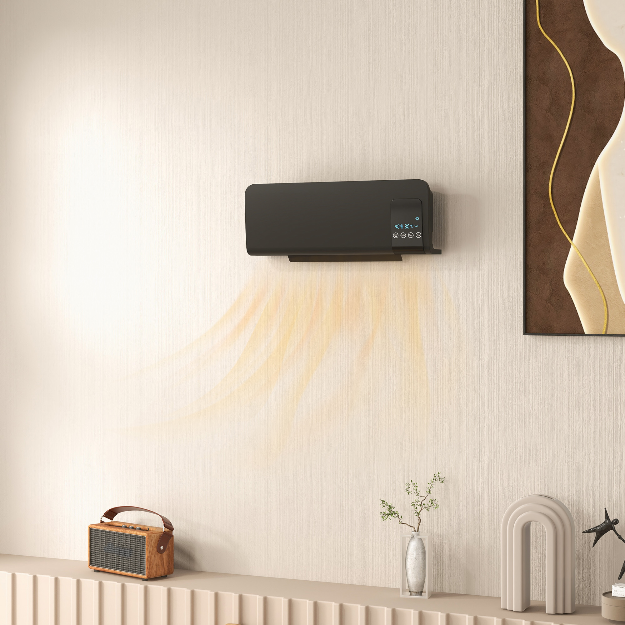 Riscaldatore nero a parete che emette onde di calore arancioni. C'è una piccola mensola con decorazioni sotto.
