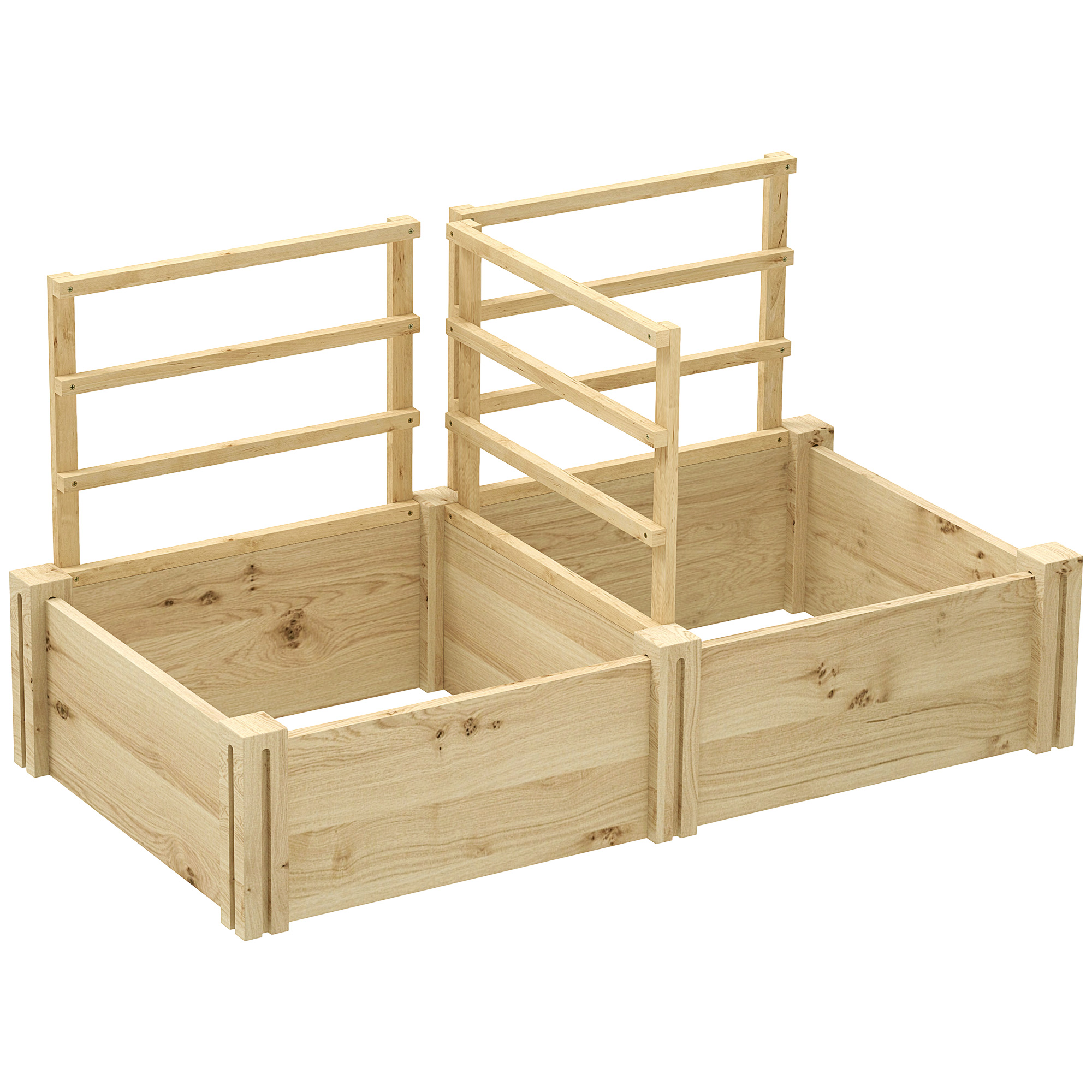 Aiuola rialzata in legno con due sezioni. Ogni sezione ha un telaio con supporti in legno.