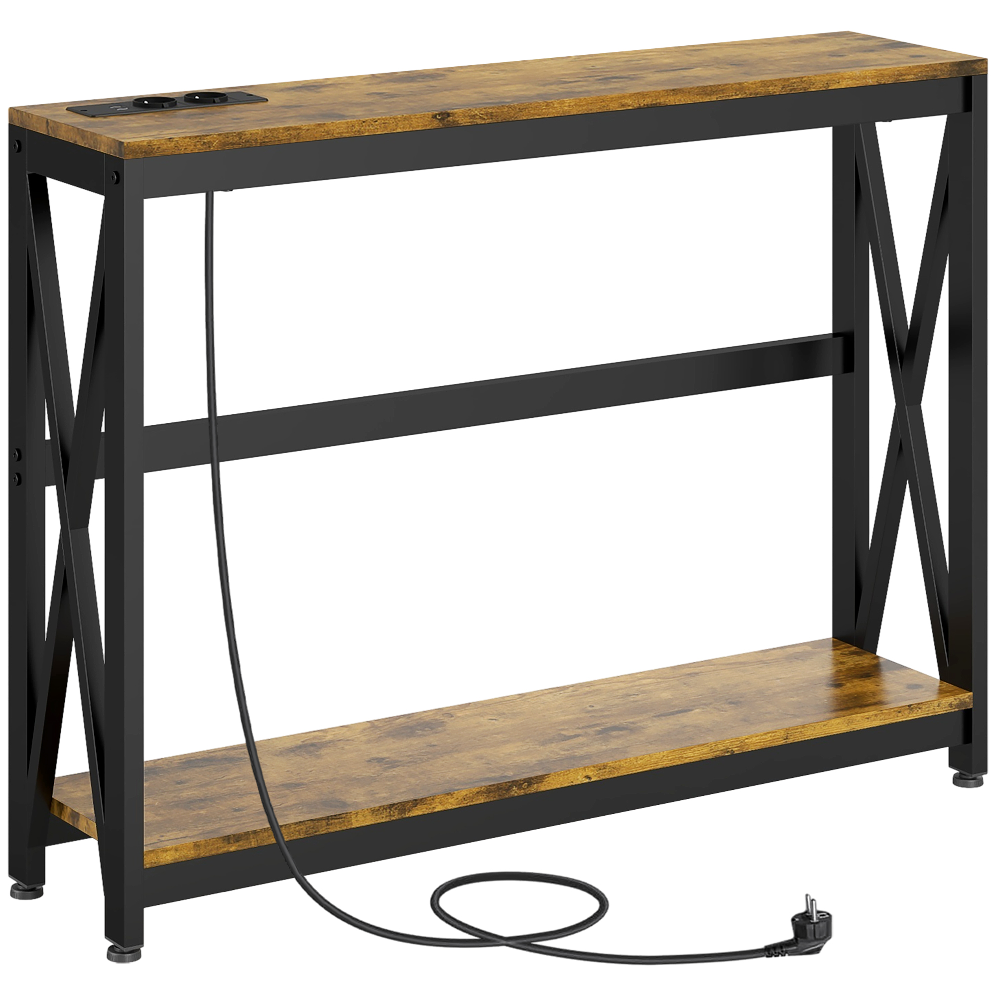 Tavolo consolle in legno con struttura in metallo nero. Due ripiani e prese visibili. Cavo di alimentazione collegato.