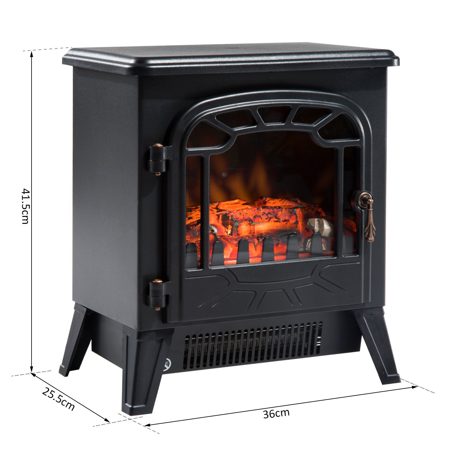 Caminetto elettrico nero con dimensioni. Il caminetto ha una fiamma visibile.