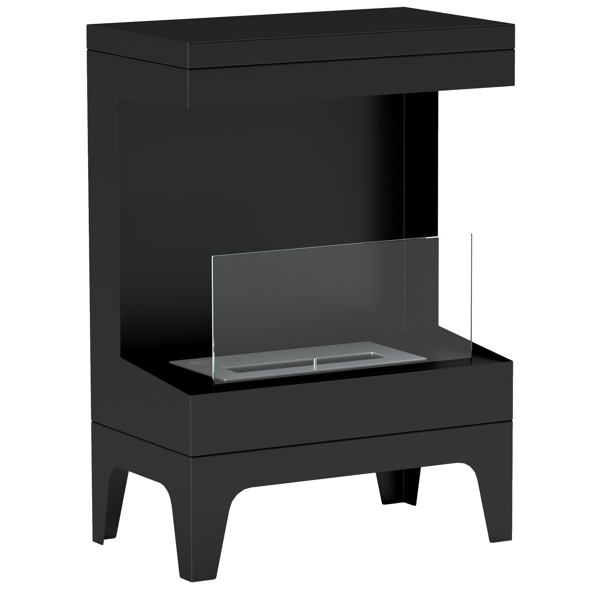 Caminetto nero con frontale in vetro. Ha un design moderno e poggia su gambe corte. Nessuna fiamma visibile.