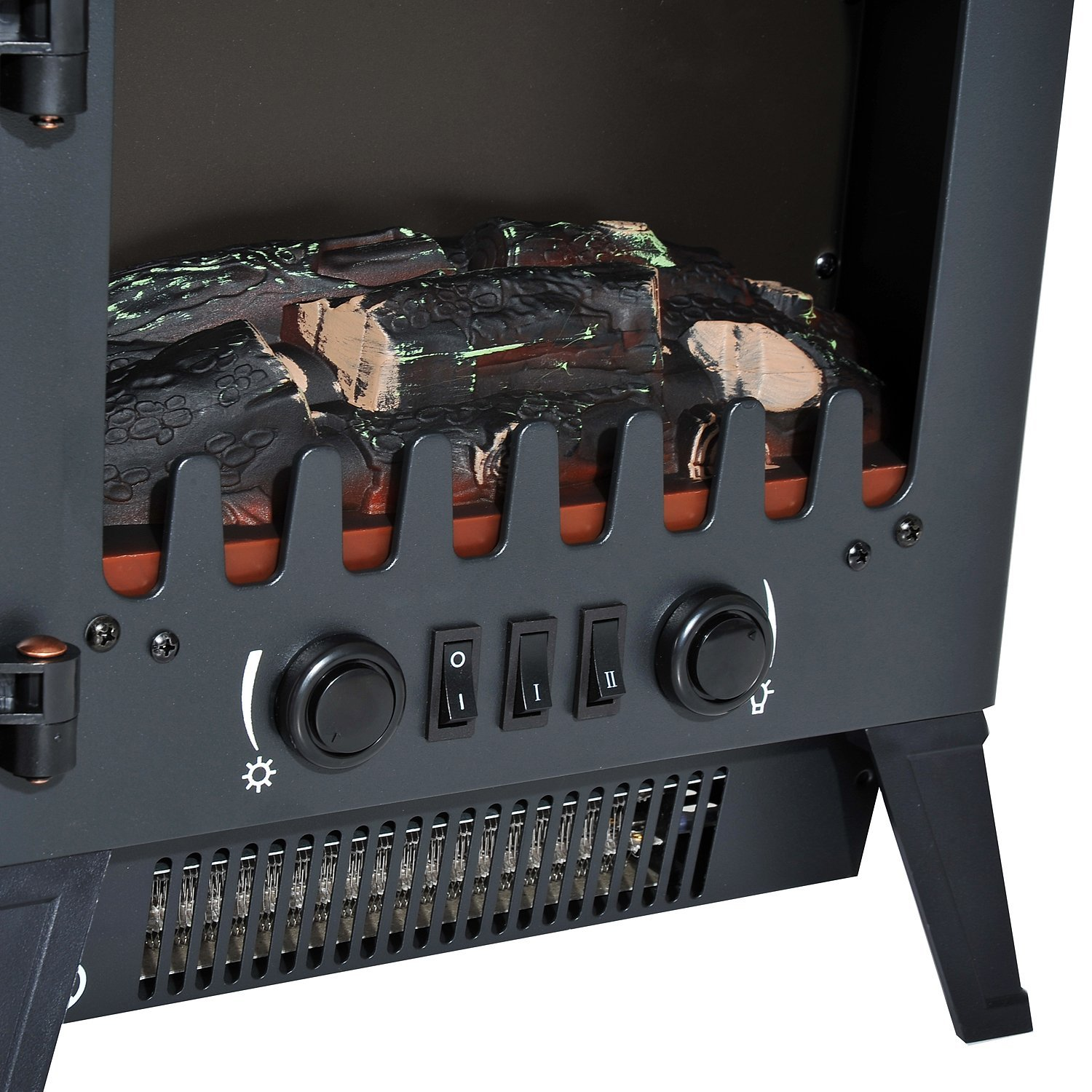 Primo piano di un caminetto elettrico nero con interruttori e un finto fuoco di legna.