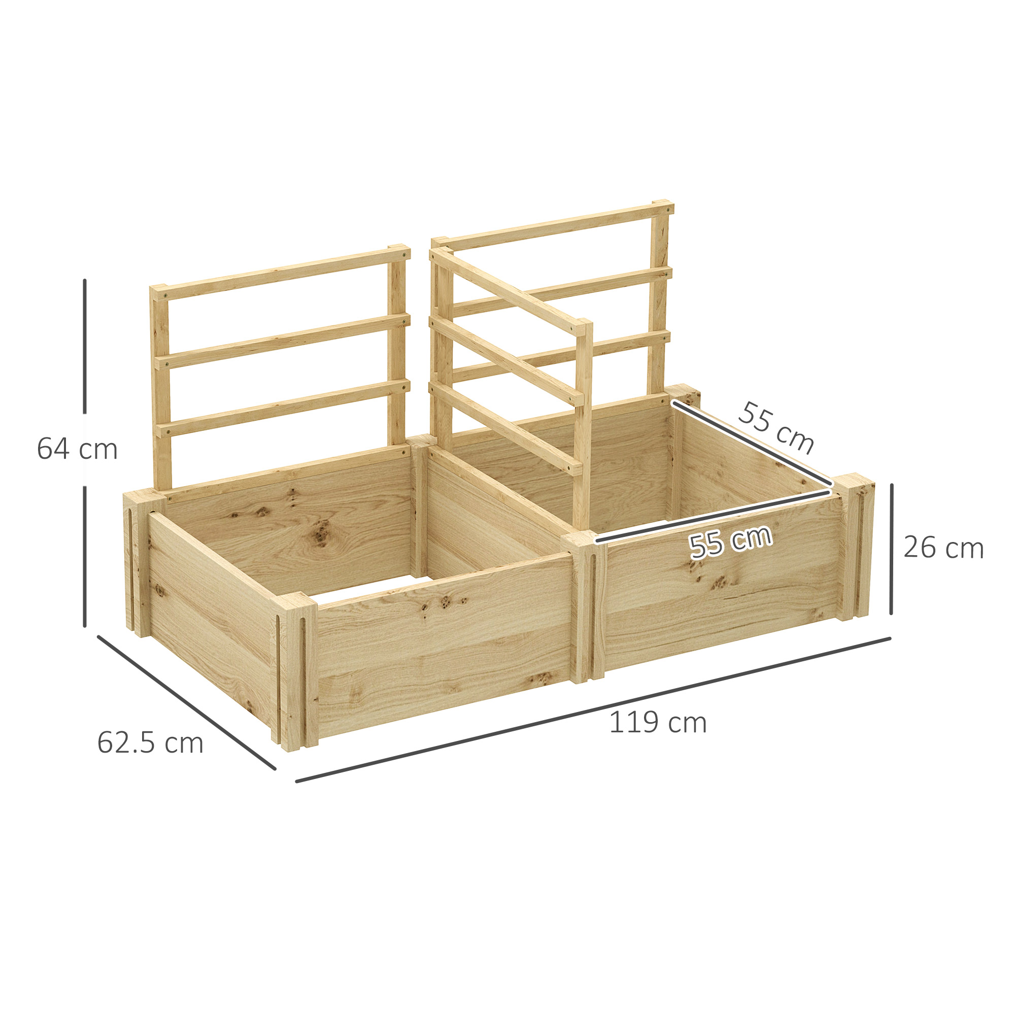 Aiuola rialzata in legno con dimensioni. Contiene terra ed è vuota.