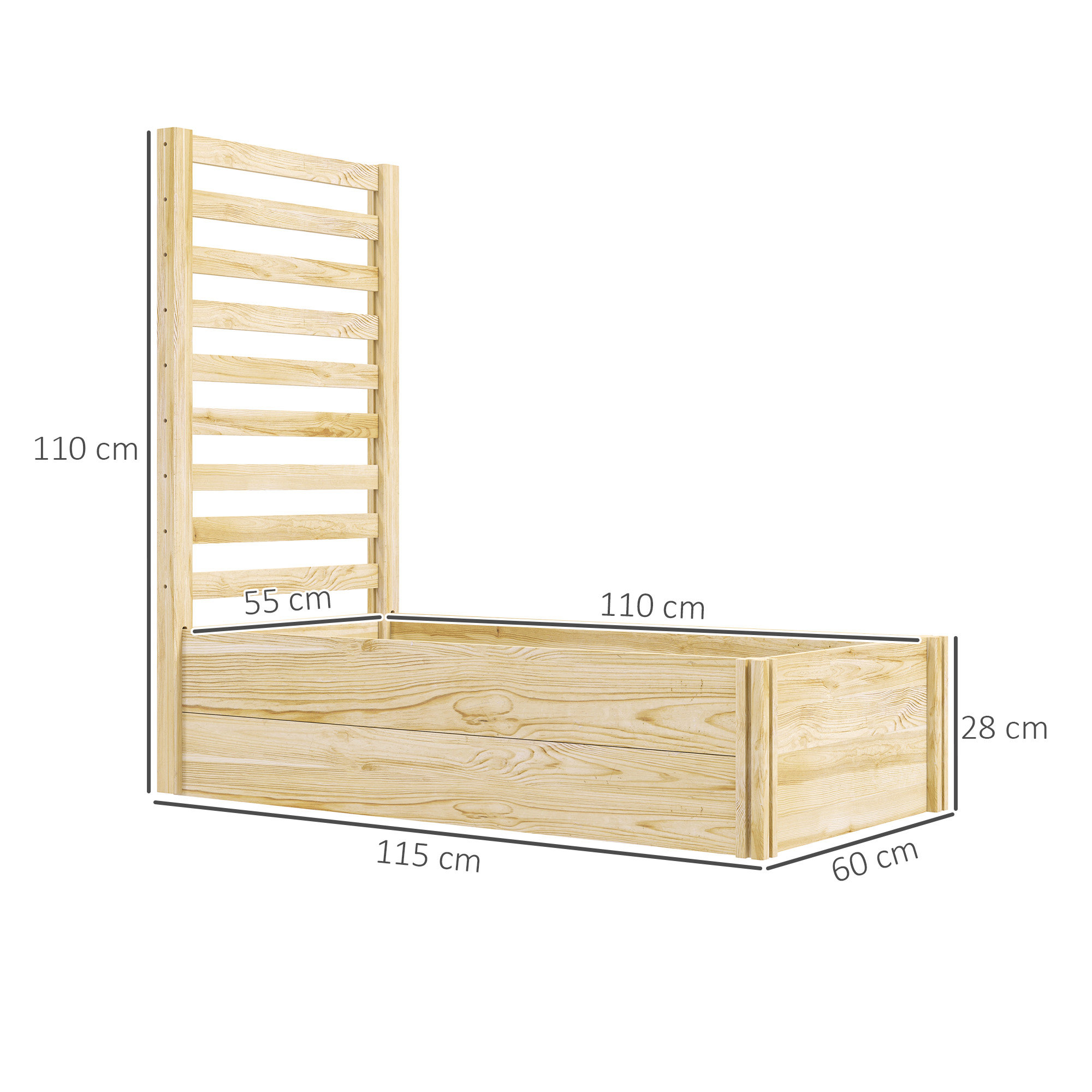 Struttura letto in legno con testiera a doghe. Le dimensioni in centimetri sono visualizzate. Sfondo bianco.