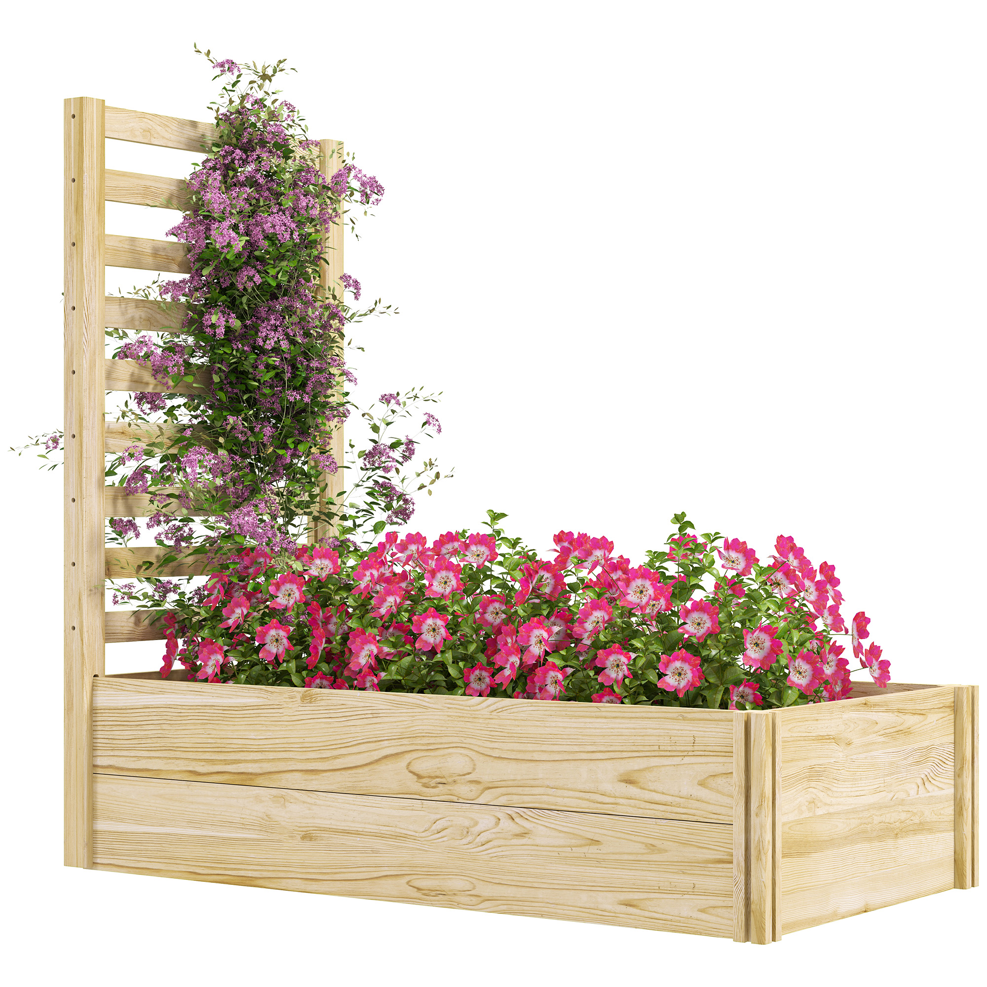 Fioriera in legno con traliccio. Ha fiori rosa e una pianta rampicante.