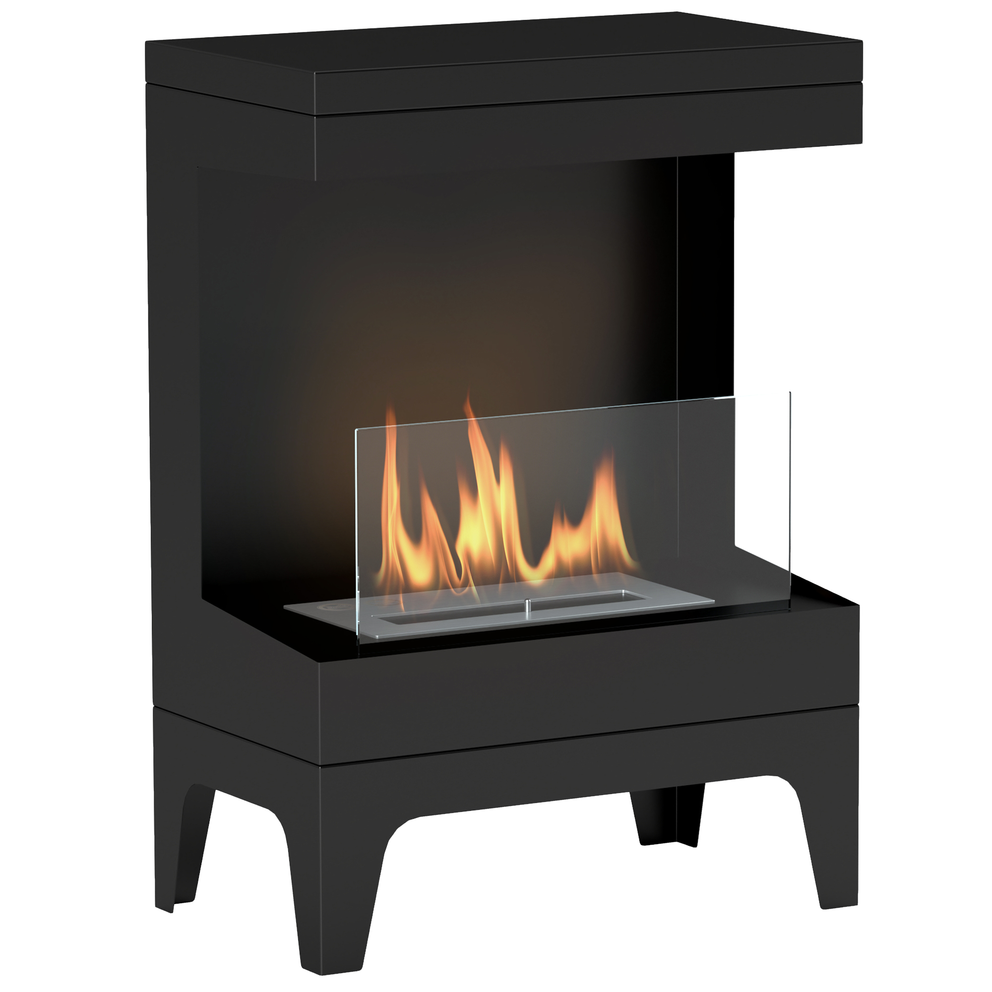 Caminetto nero con frontale in vetro. Fiamme visibili. Design moderno e angolare.