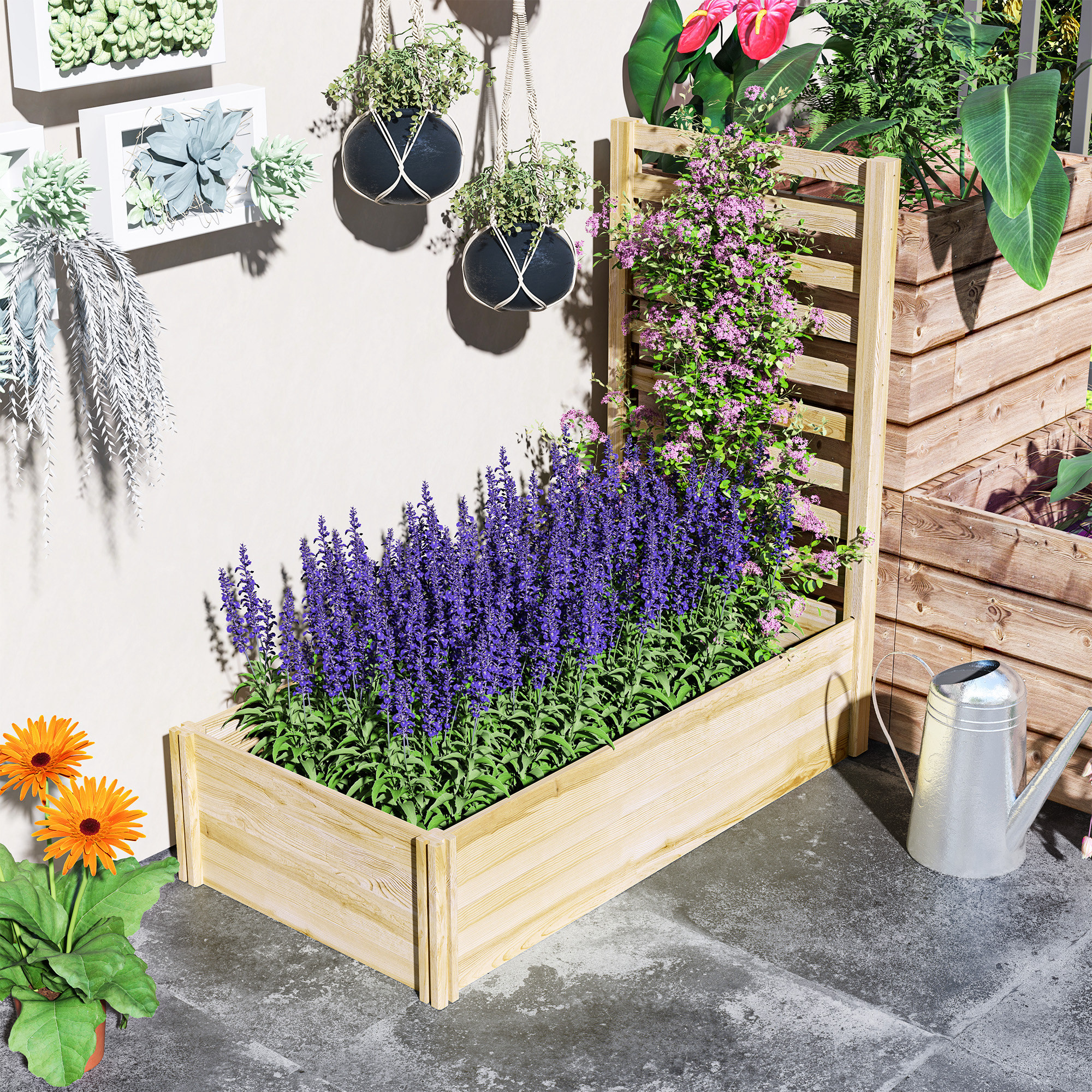 Giardino esterno in legno con una varietà di piante. Include lavanda, cesti sospesi e un annaffiatoio.