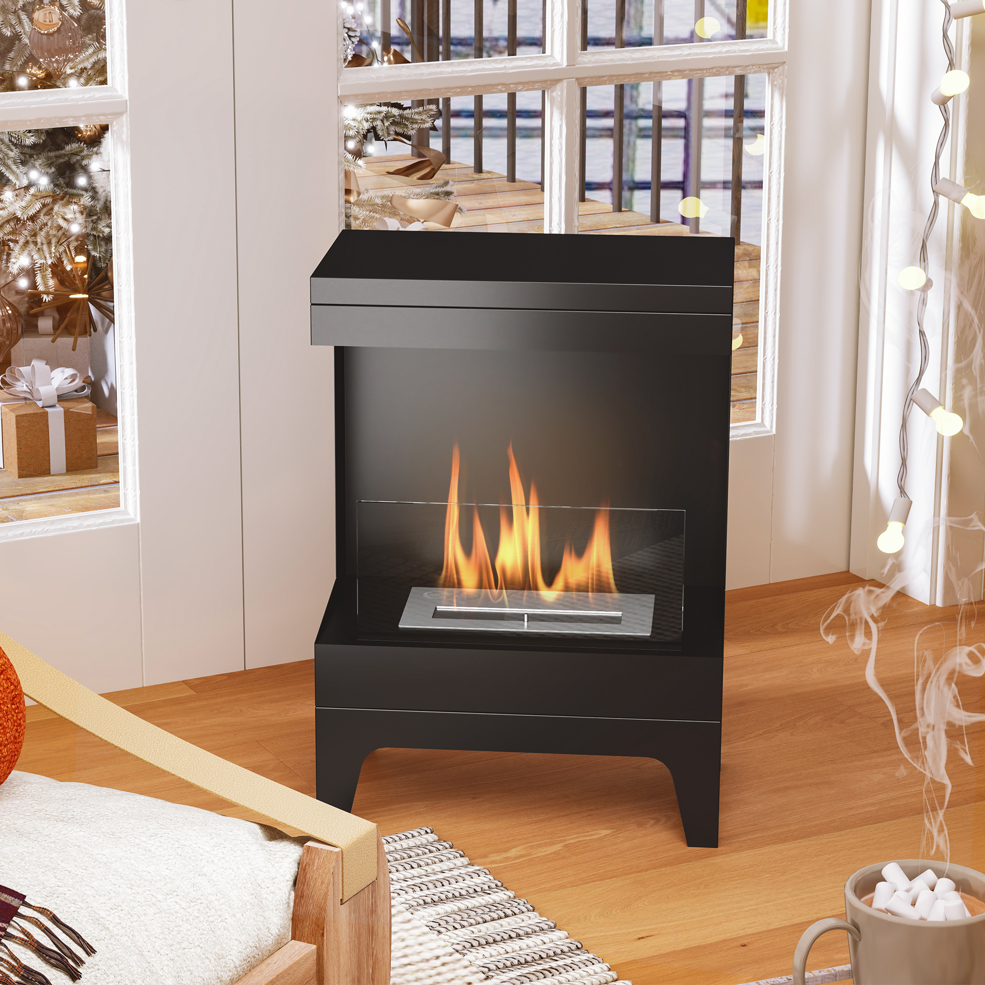 Caminetto nero con fiamme. La scena include una finestra, un albero di Natale, una sedia e una tazza.