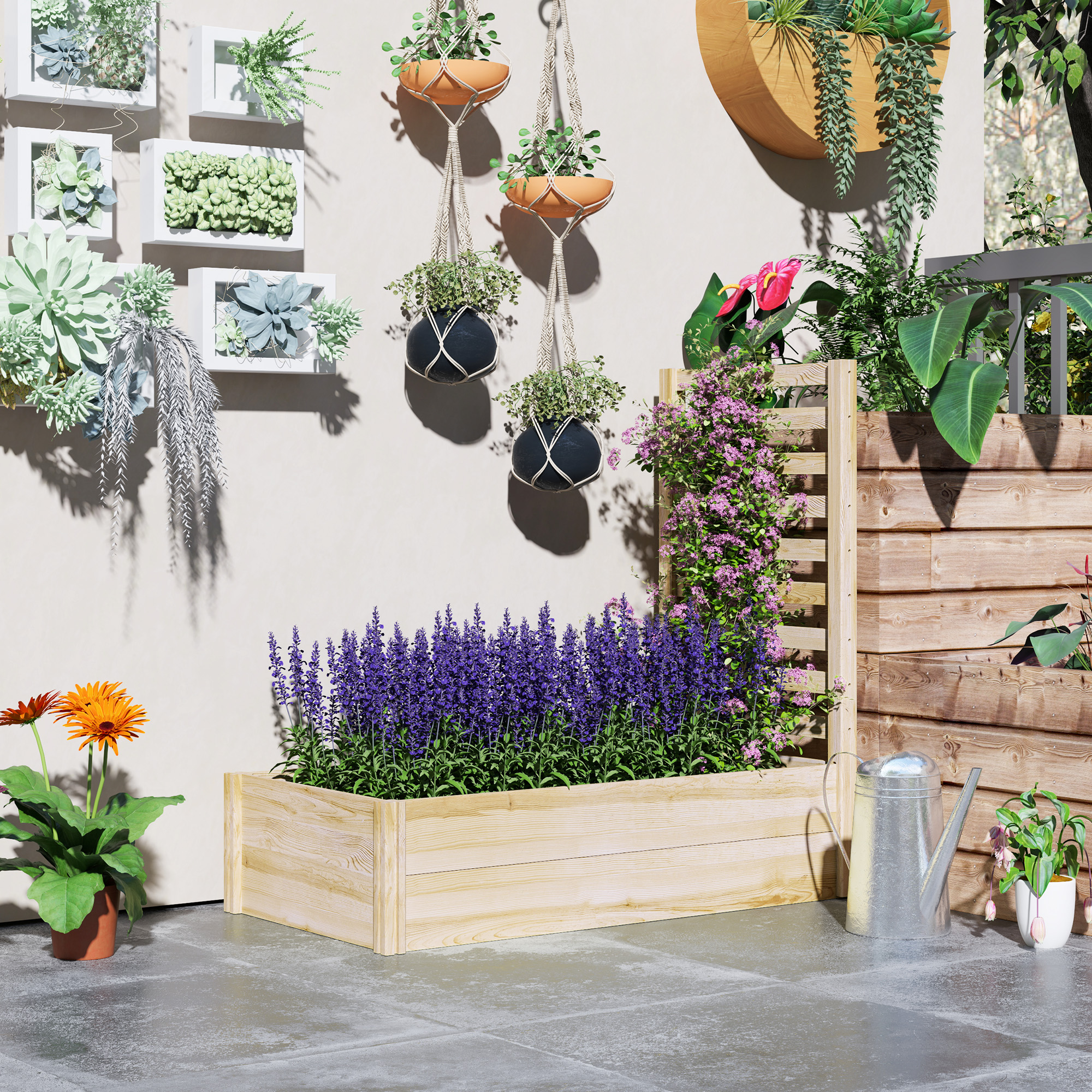 Un patio con piante, tra cui vasi sospesi e una fioriera in legno con fiori viola.