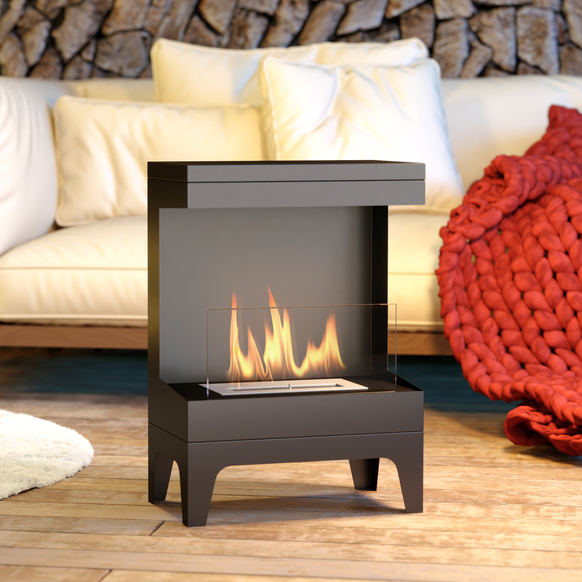 Caminetto nero con fiamme. Cuscini bianchi, coperta rossa sullo sfondo. Parete in legno e pietra.