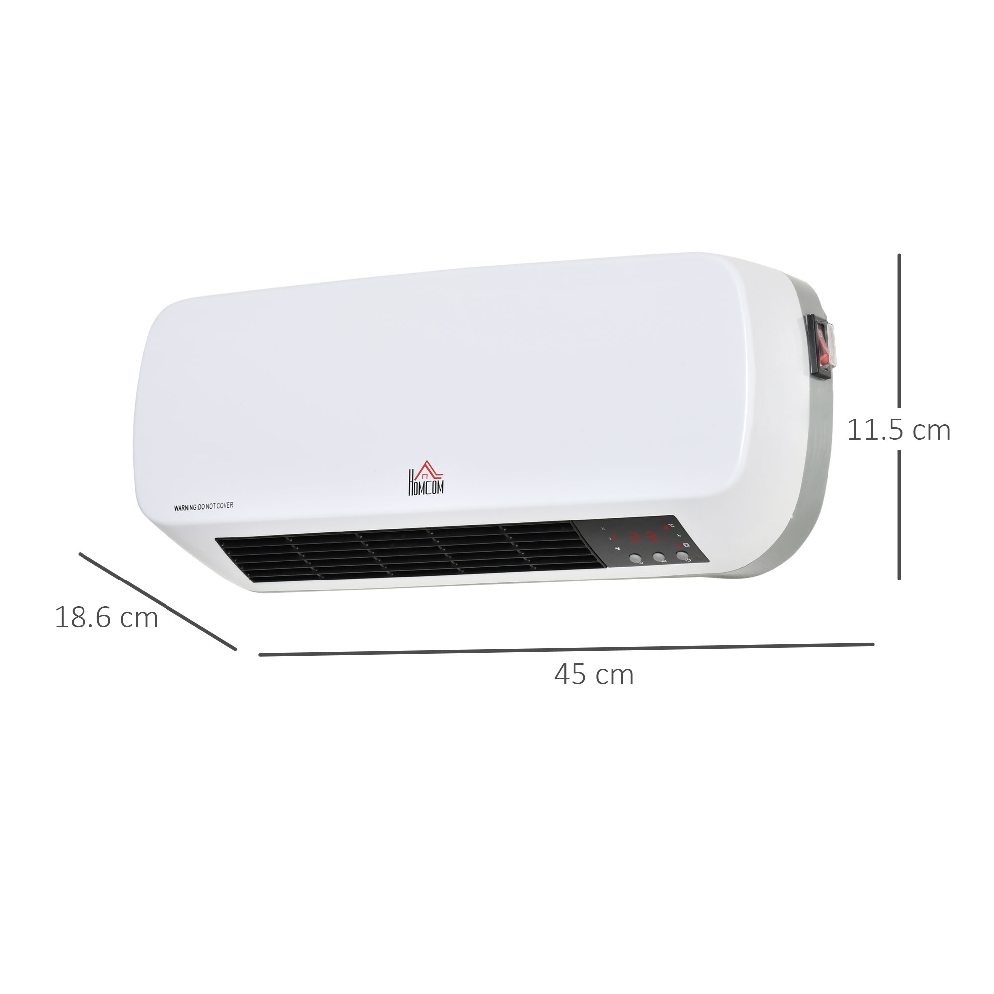 Termoconvettore bianco a parete. Dimensioni in centimetri. Pulsante rosso e display digitale.