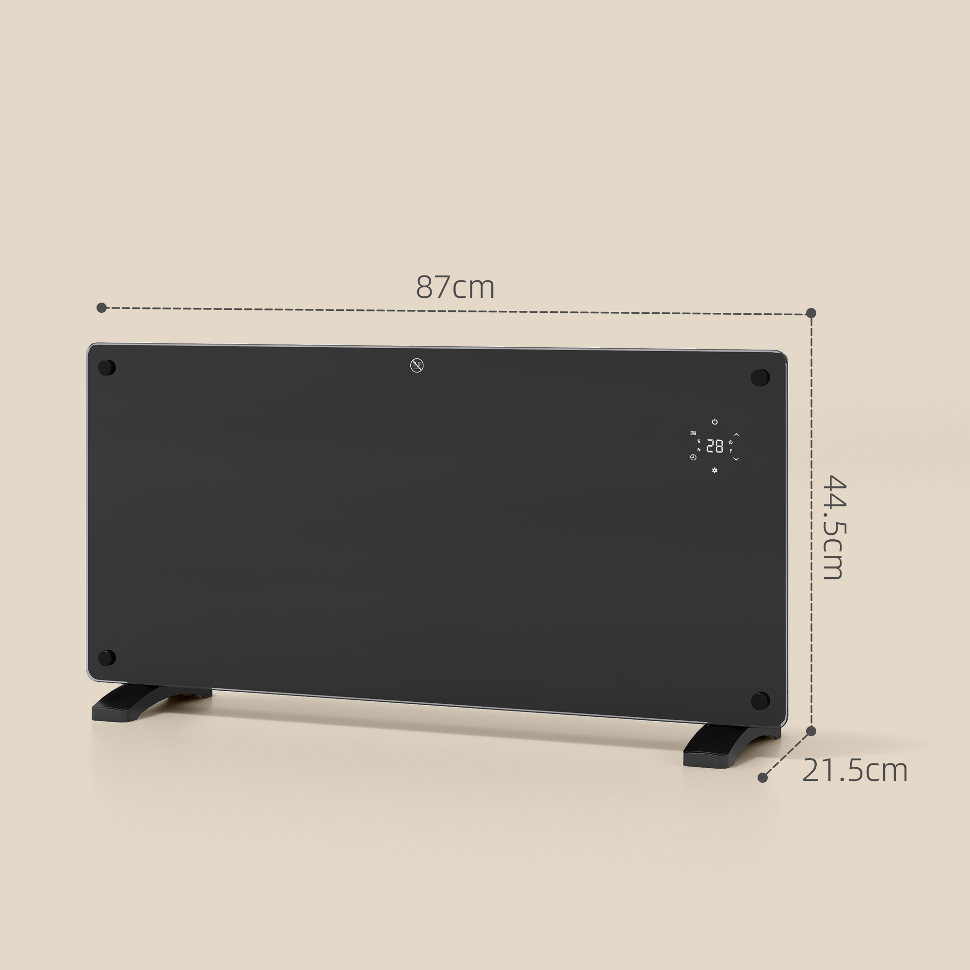 Stufa elettrica nera con dimensioni etichettate. 87 cm di larghezza, 44,5 cm di altezza e 21,5 cm di profondità.