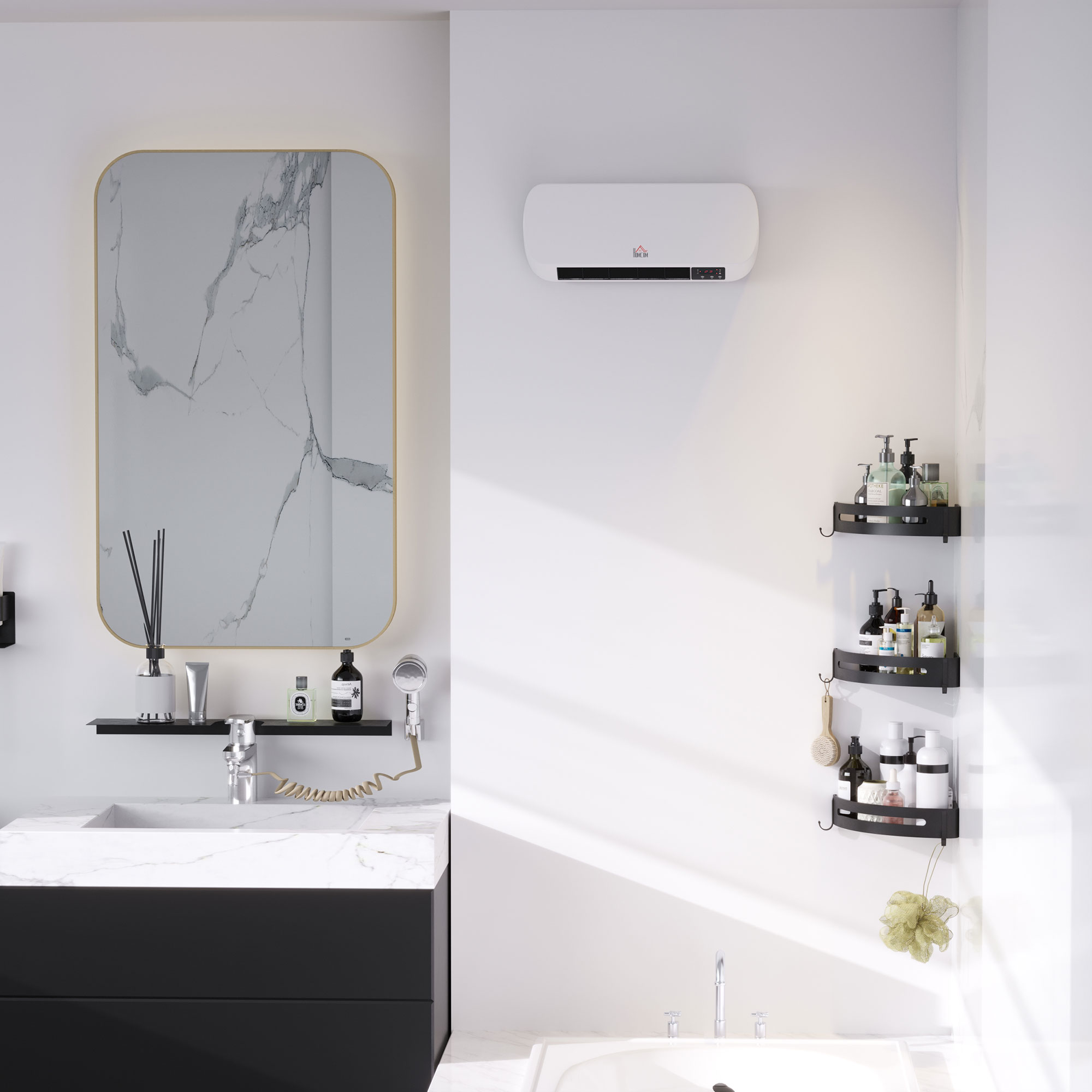 Scena del bagno con specchio, lavandino e mensole con articoli da toeletta. C'è un riscaldatore a parete.