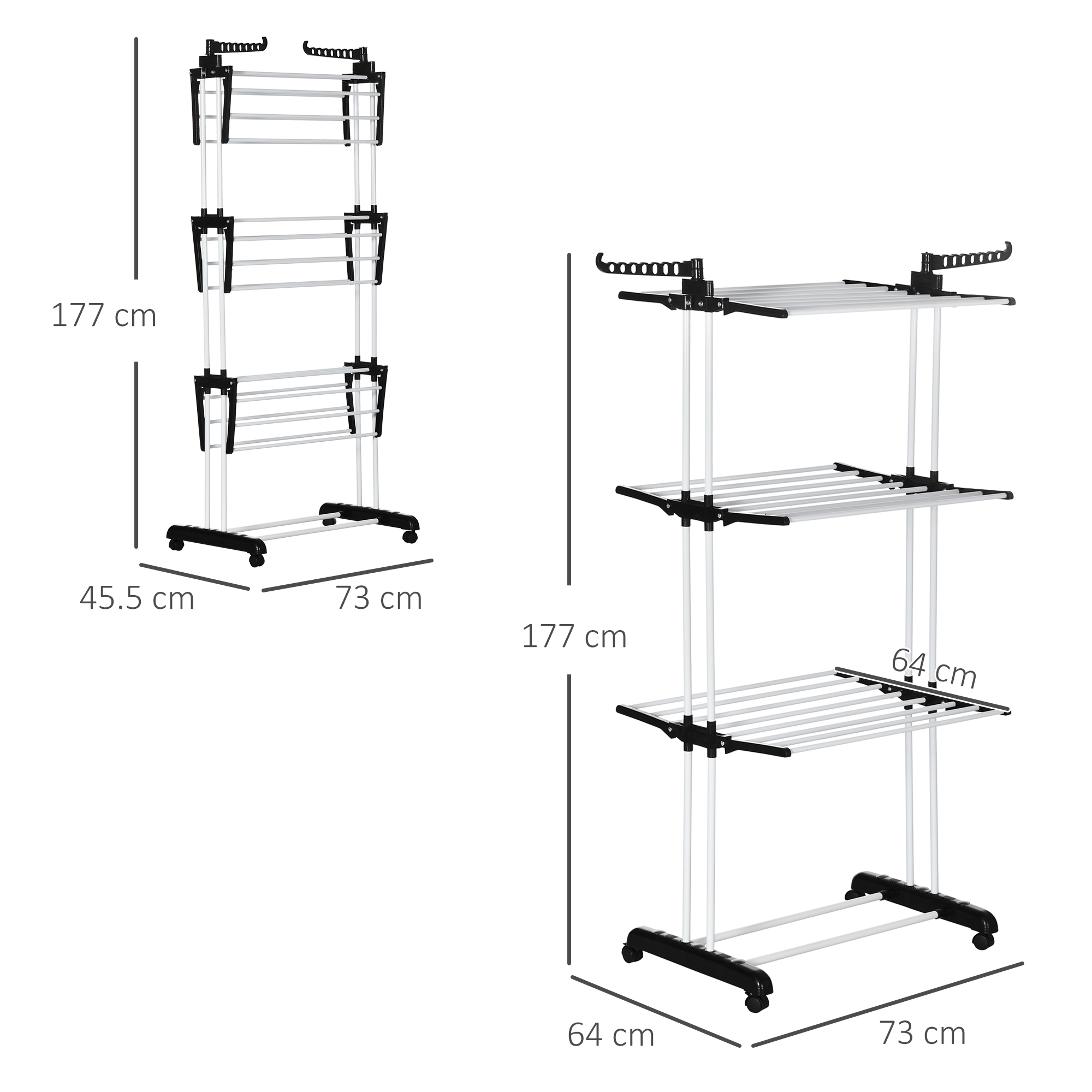 Due stendibiancheria con dimensioni, che mostrano un design pieghevole a più livelli.