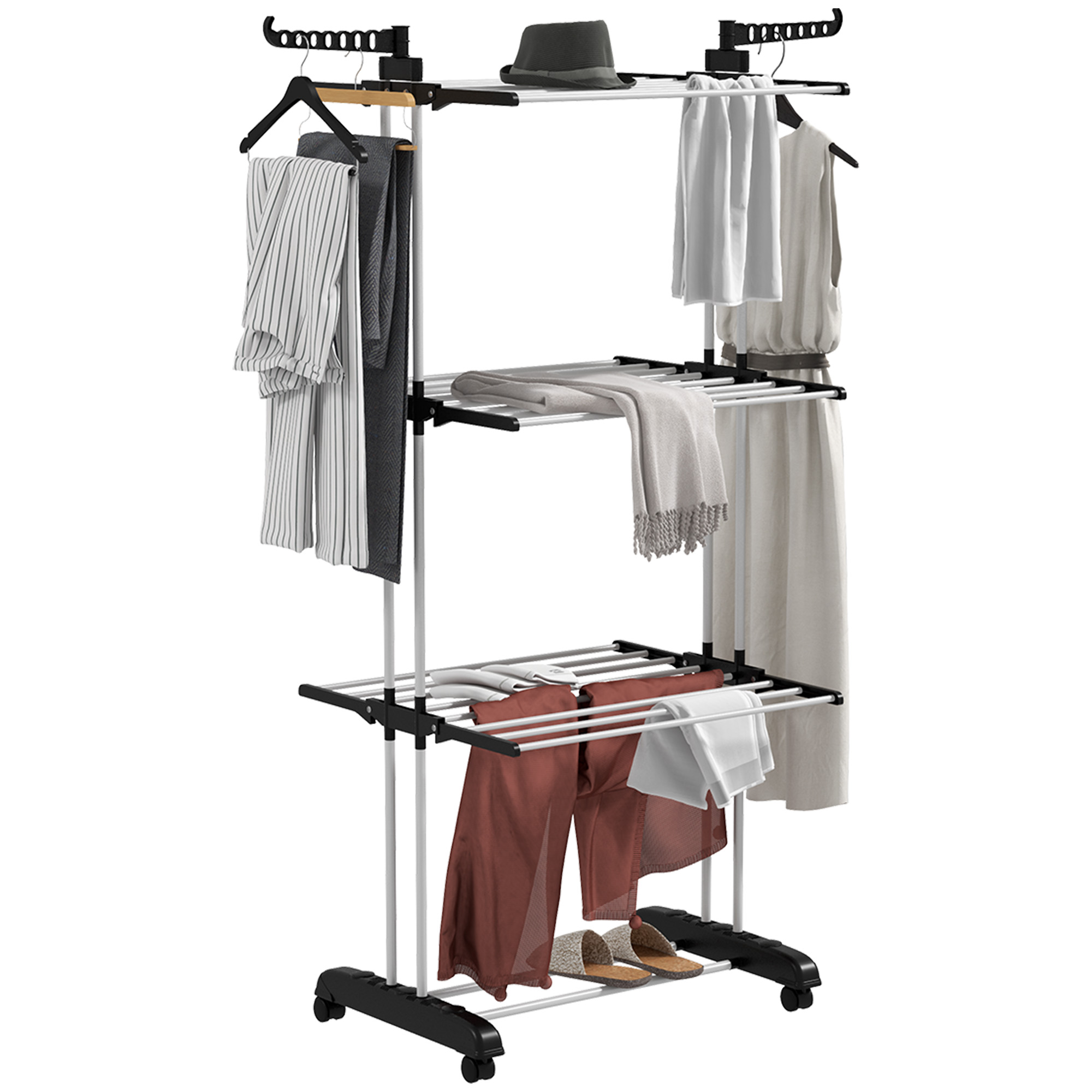 Portabiti con vestiti e accessori. Ha tre livelli ed è su ruote. Include camicie, pantaloni e scarpe.