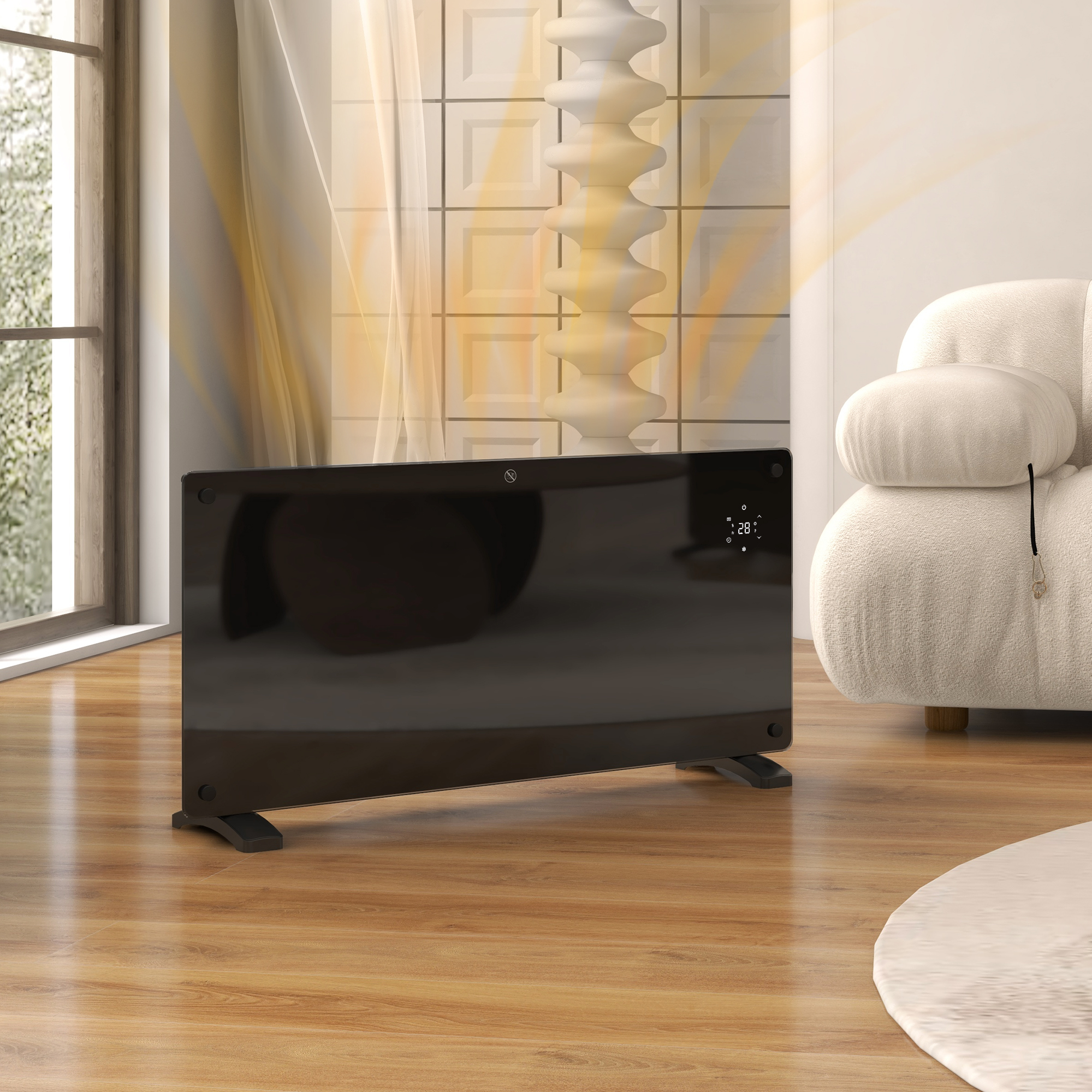 Termoconvettore elettrico nero con display digitale. Pavimento in legno. Divano bianco e finestra sullo sfondo.