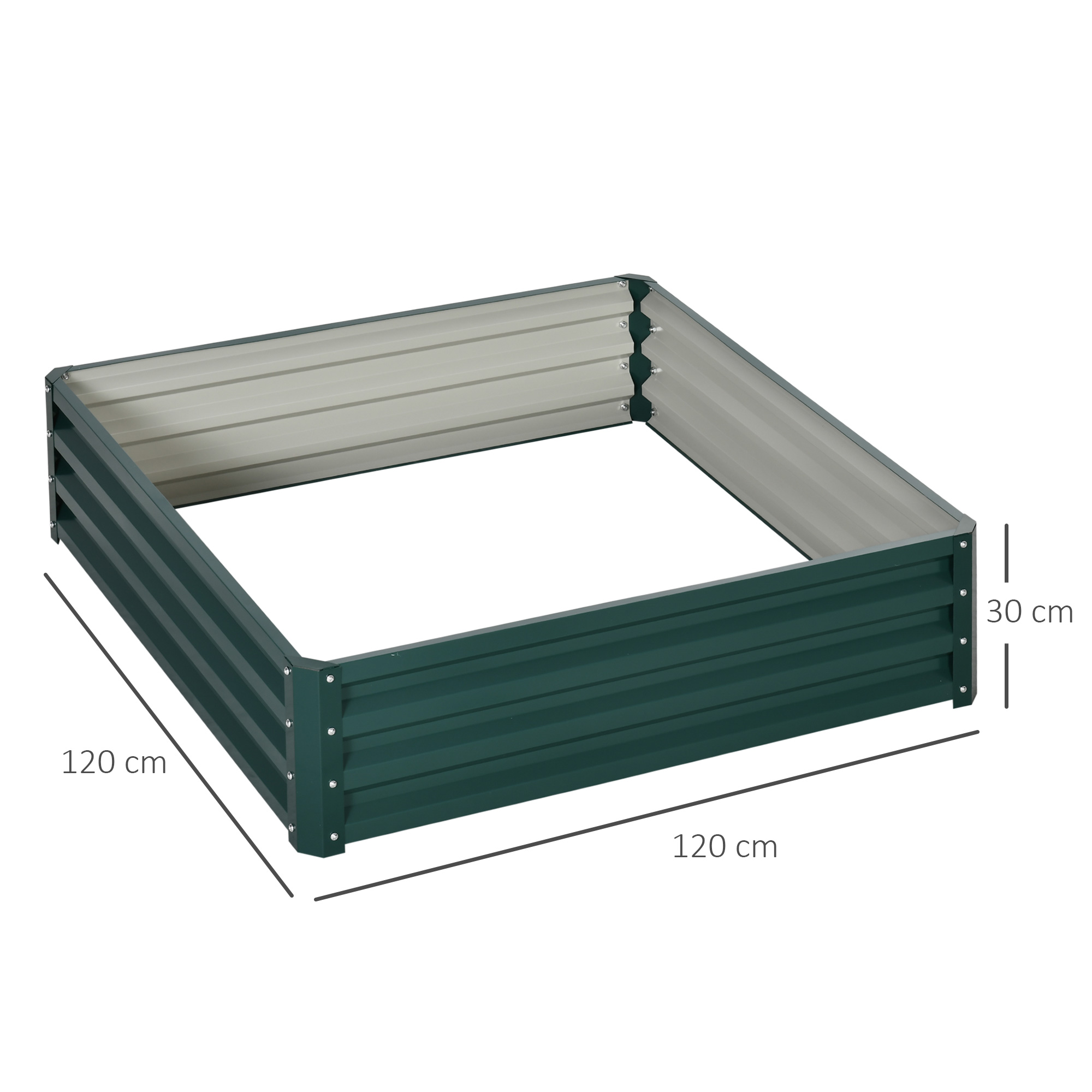 Aiuola rialzata in metallo verde. Forma rettangolare con dimensioni fornite. Ha un design semplice.