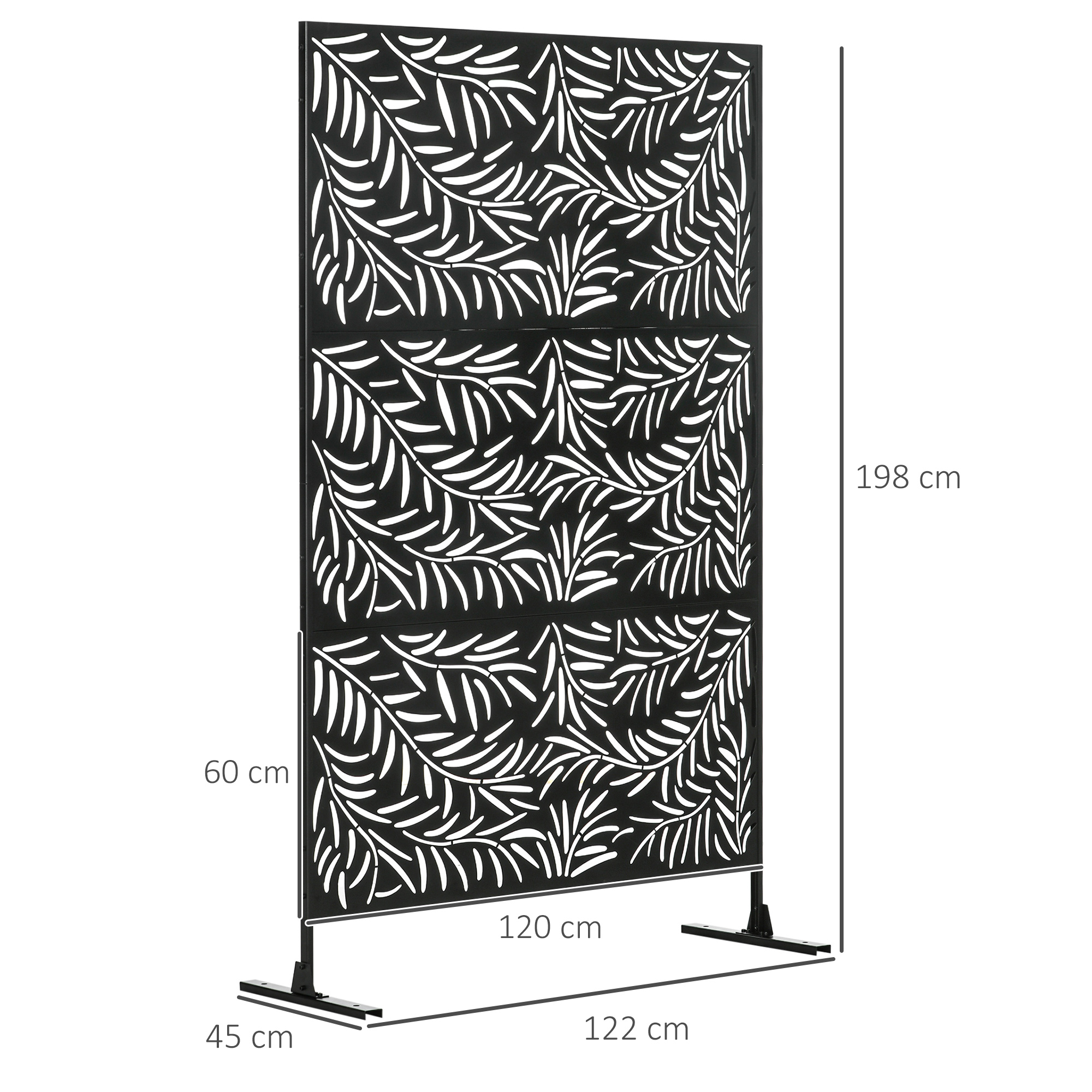 Schermo decorativo nero con design a foglie. Tre pannelli con motivi a foglie ritagliate e due piedi.