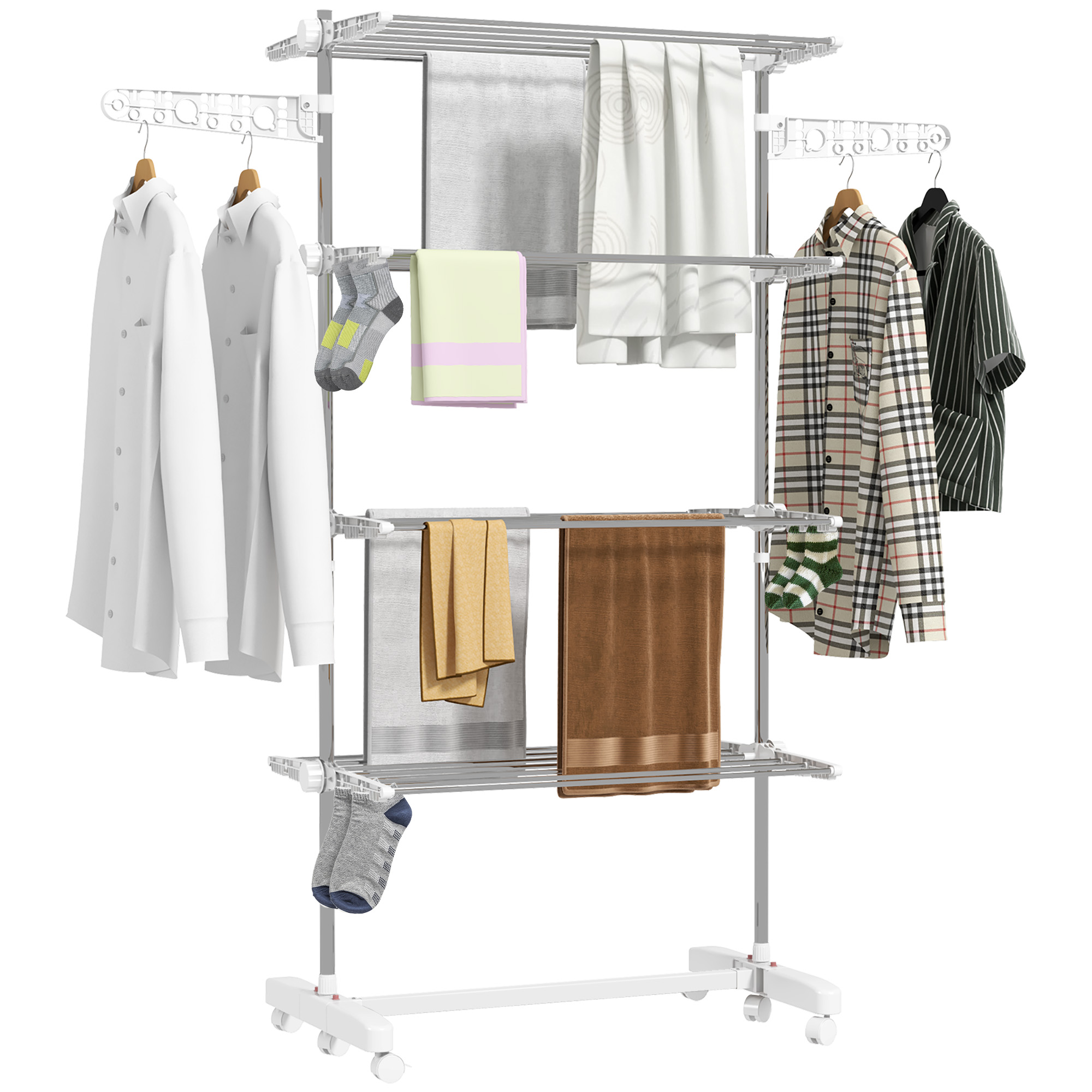 Stendibiancheria con camicie, pantaloni e asciugamani. Il rack è argento e bianco.