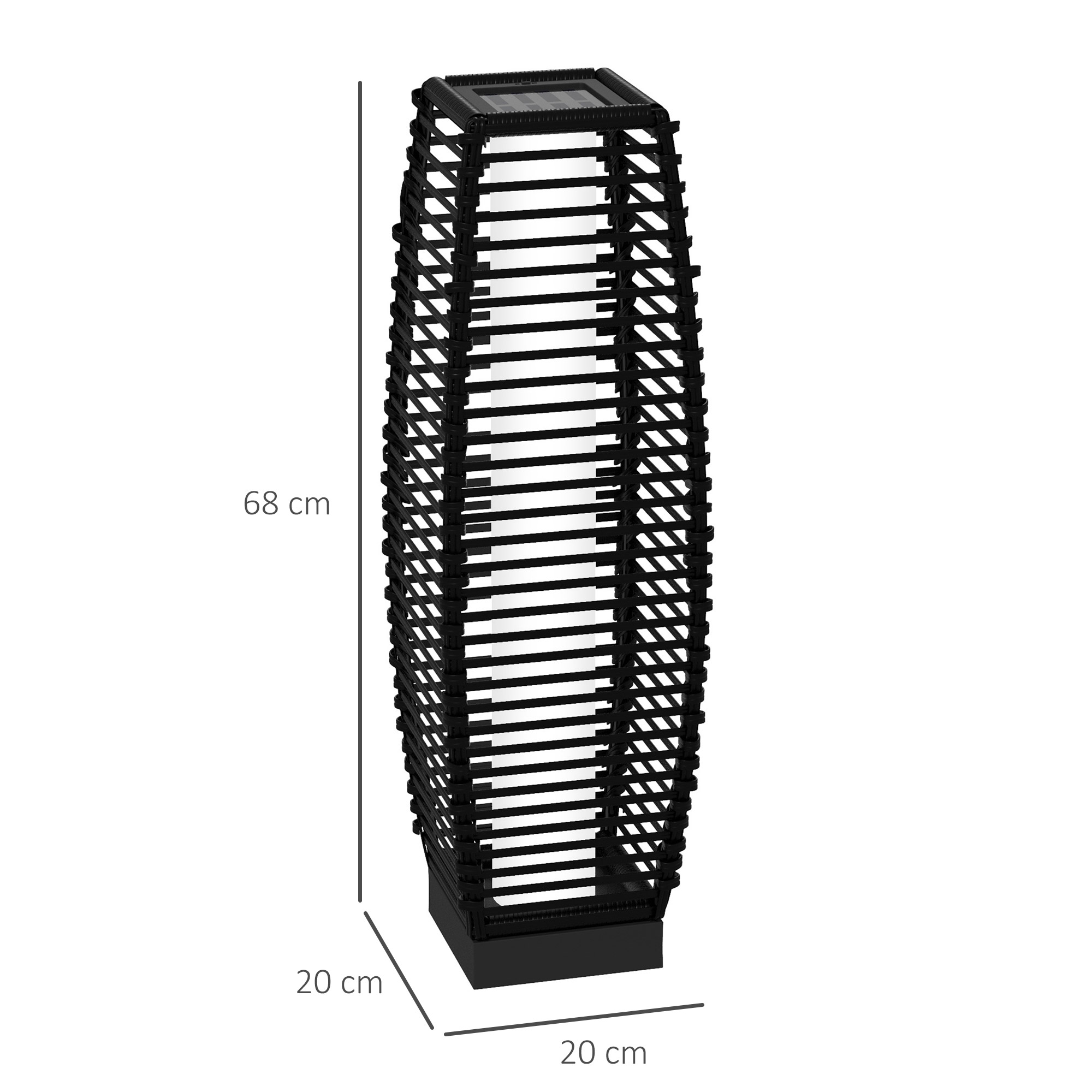 Lampada da esterno nera a forma di spirale con dimensioni indicate, su sfondo bianco.