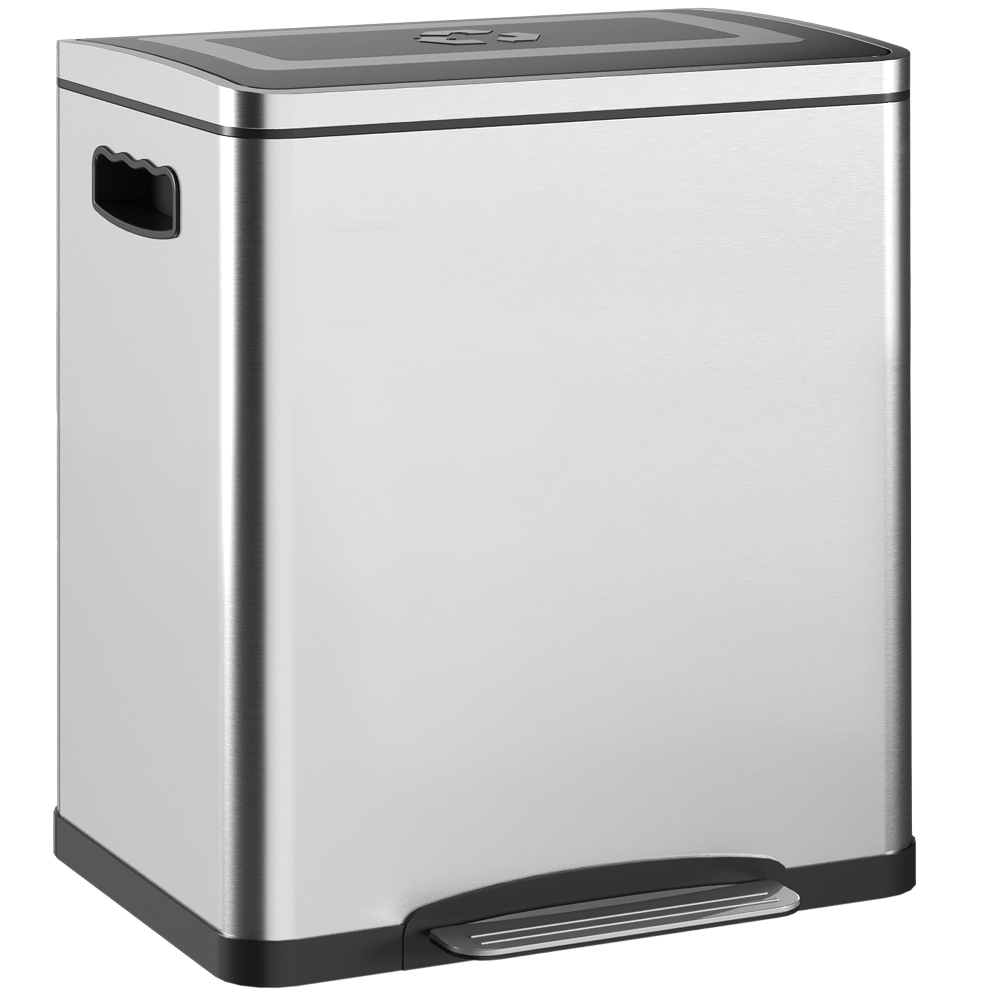 Un cestino in acciaio inox con pedale e coperchio nero.