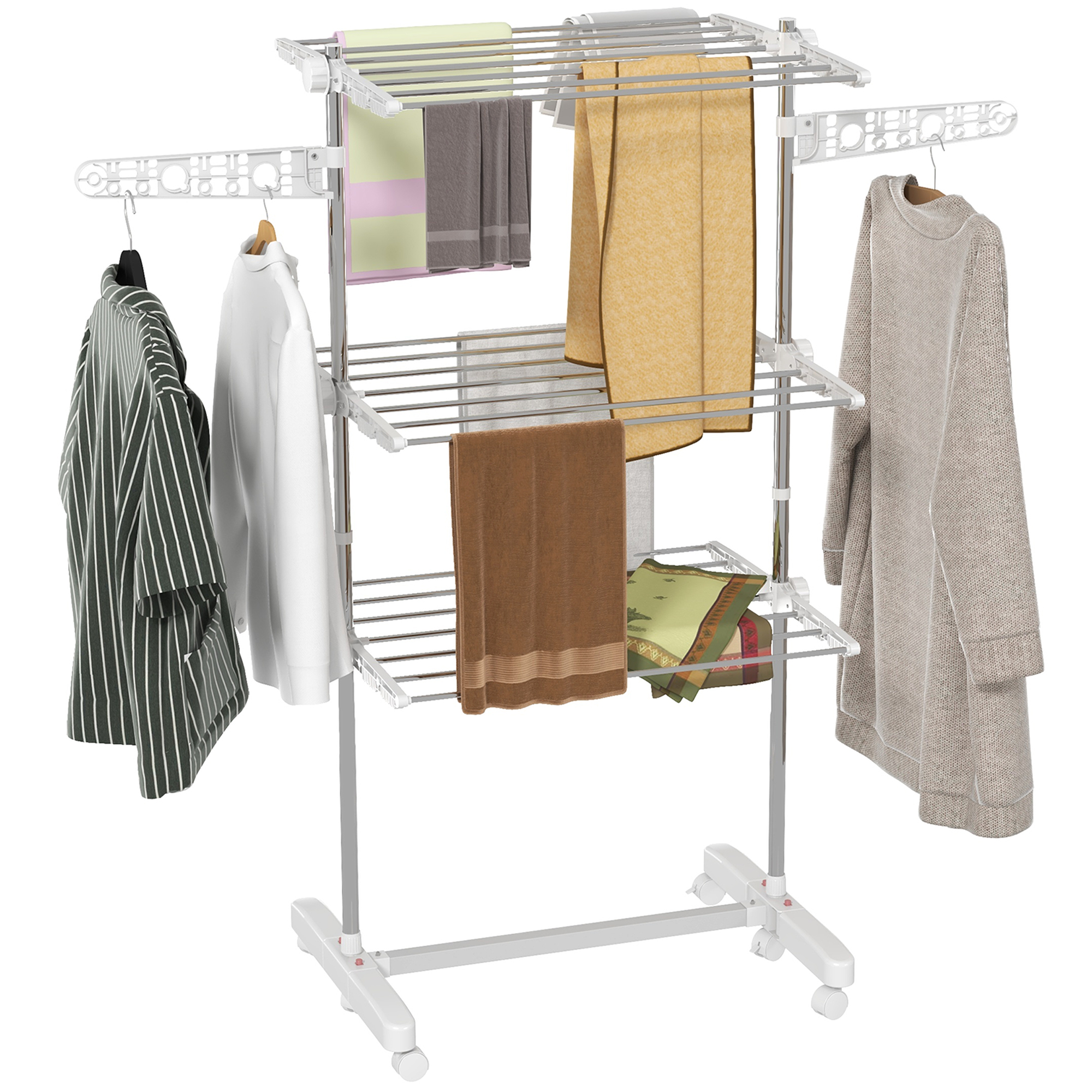 Stendibiancheria bianco con vestiti. Include camicie, asciugamani e un cappotto.