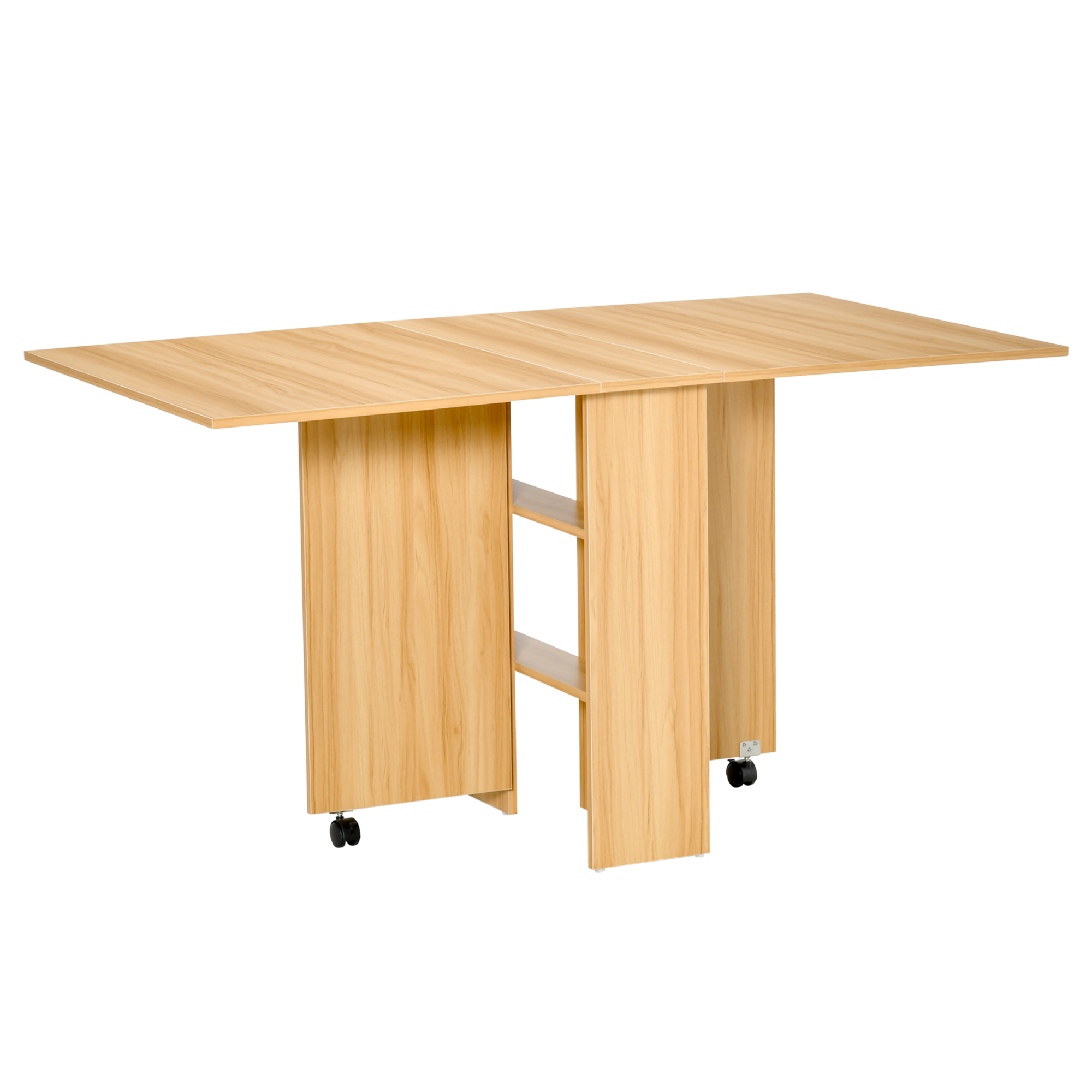Un tavolo pieghevole in legno chiaro. È rettangolare e ha due gambe con un ripiano al centro.