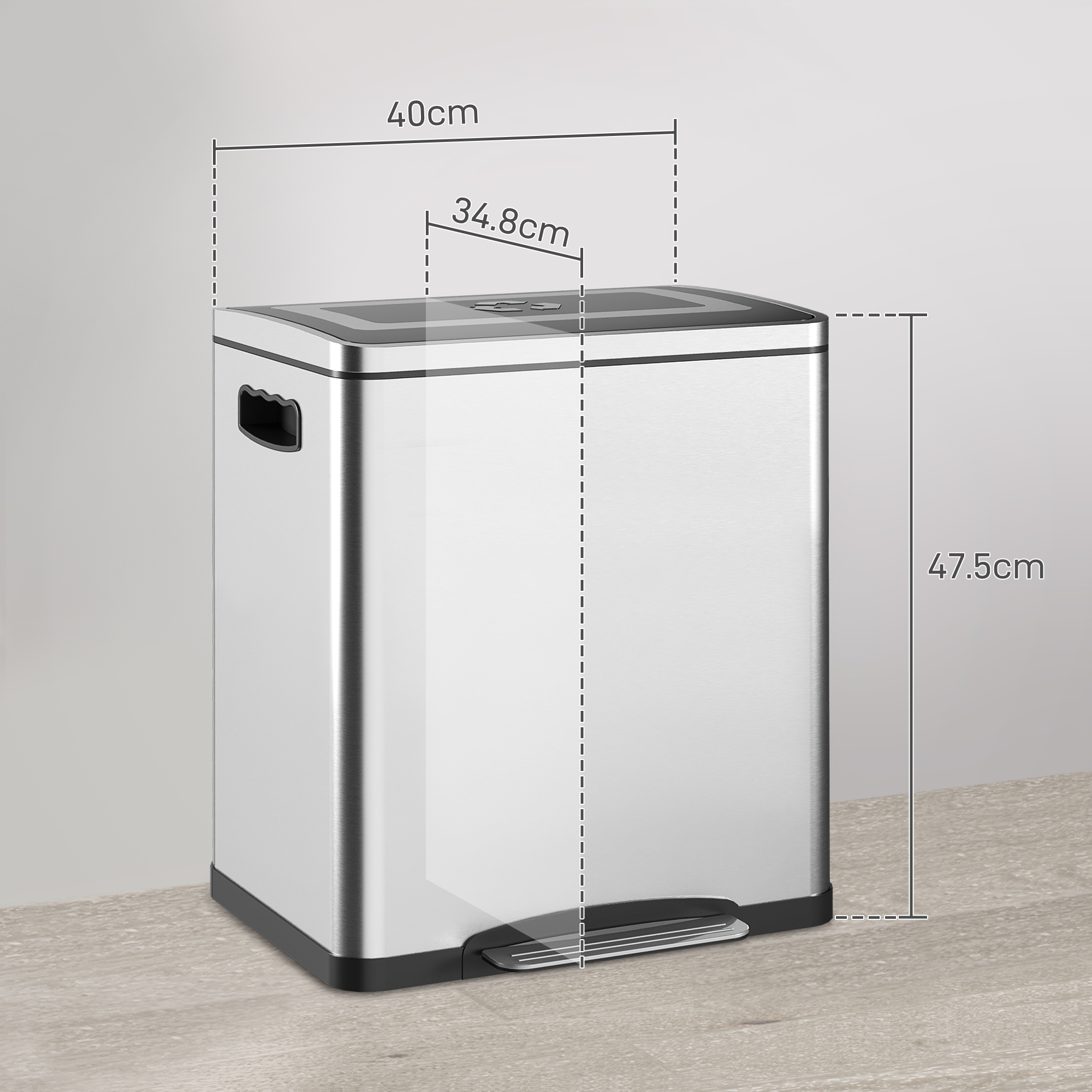 Pattumiera in acciaio inossidabile con dimensioni etichettate. 40 cm di larghezza, 47,5 cm di altezza.