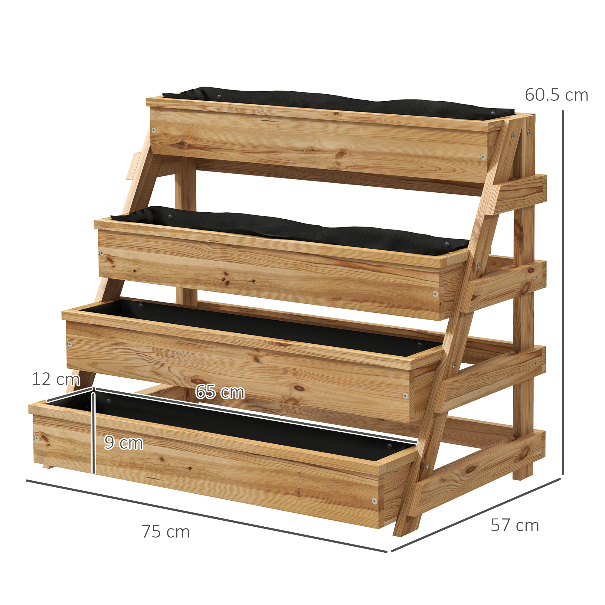 Fioriera a gradini in legno con tre livelli, rivestimento nero e dimensioni indicate.