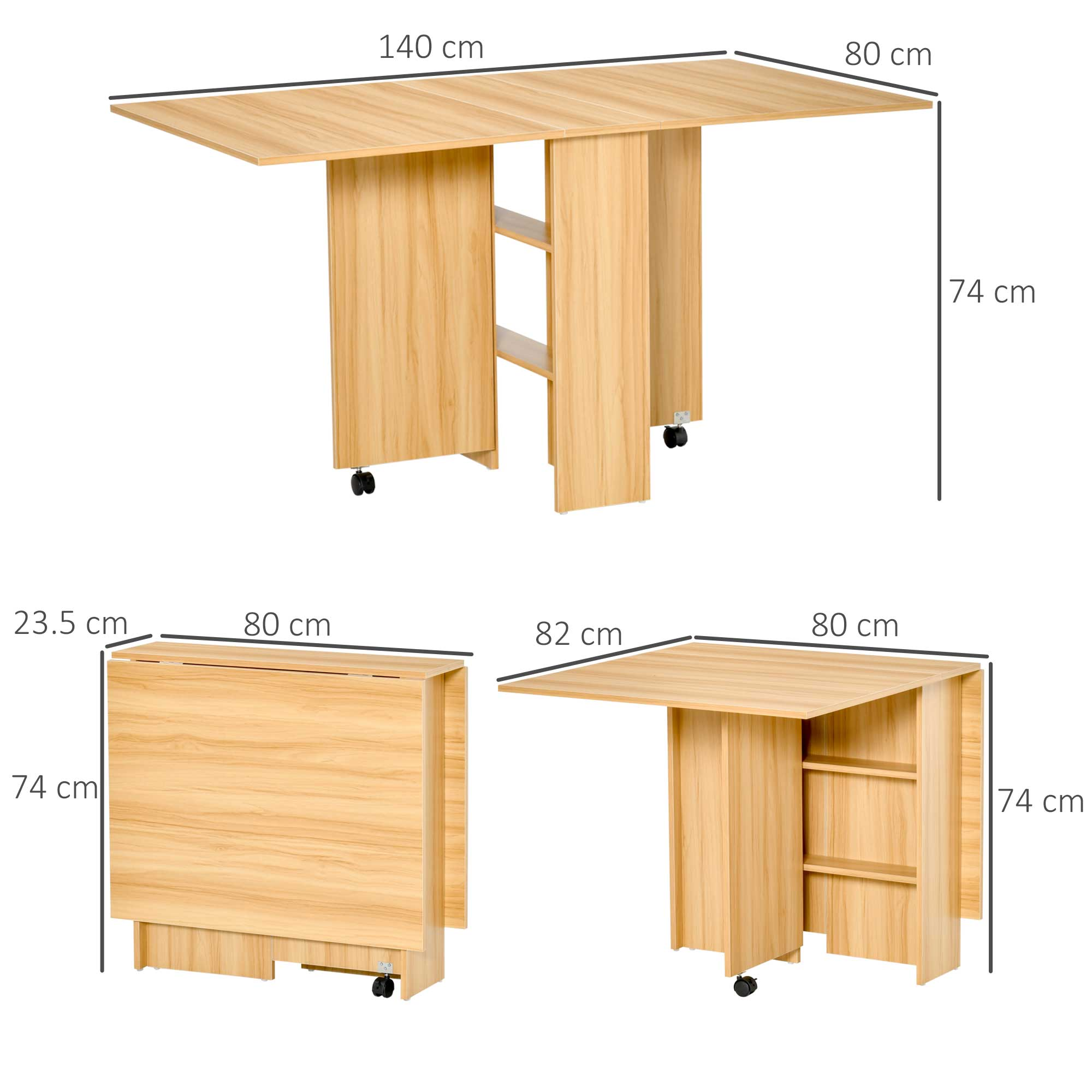 Tavolo pieghevole in legno con dimensioni etichettate. È marrone chiaro. Ha le ruote.