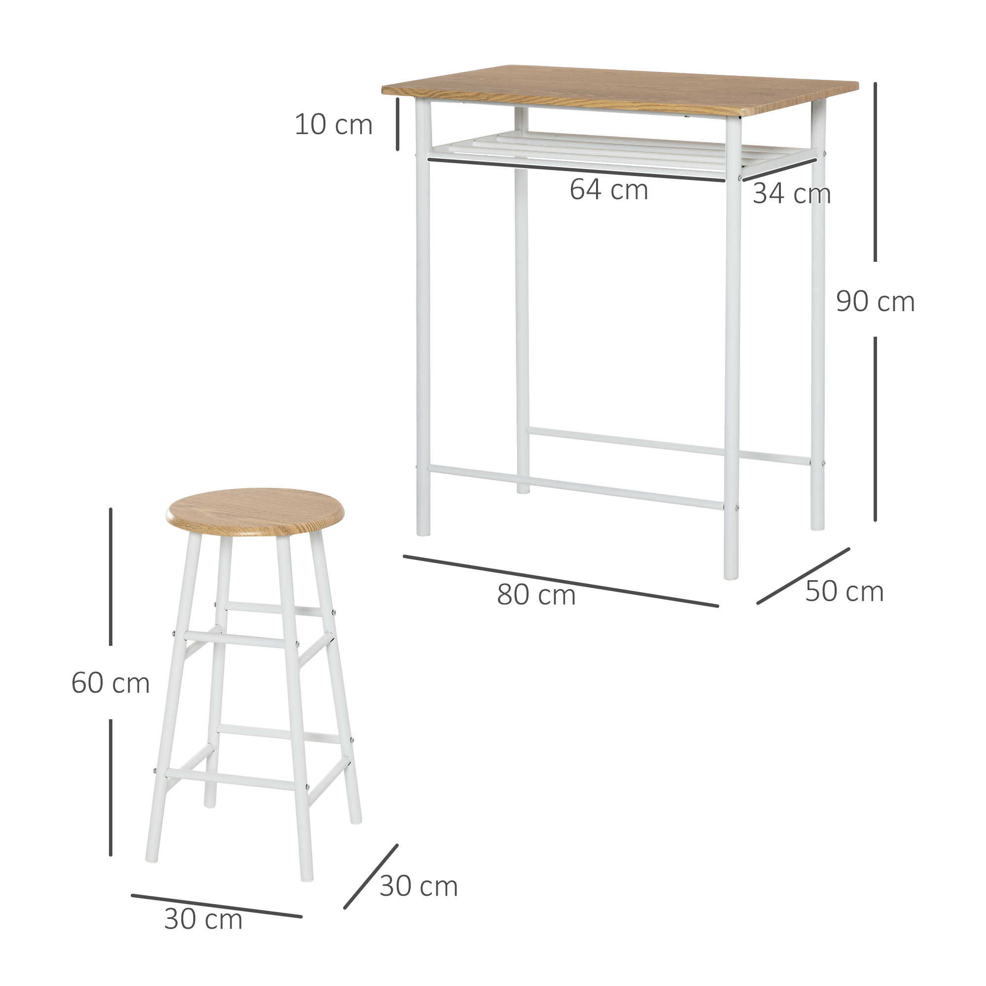 Un set di tavolo e sgabello da bar in metallo bianco. Le dimensioni sono indicate sul tavolo e sullo sgabello.