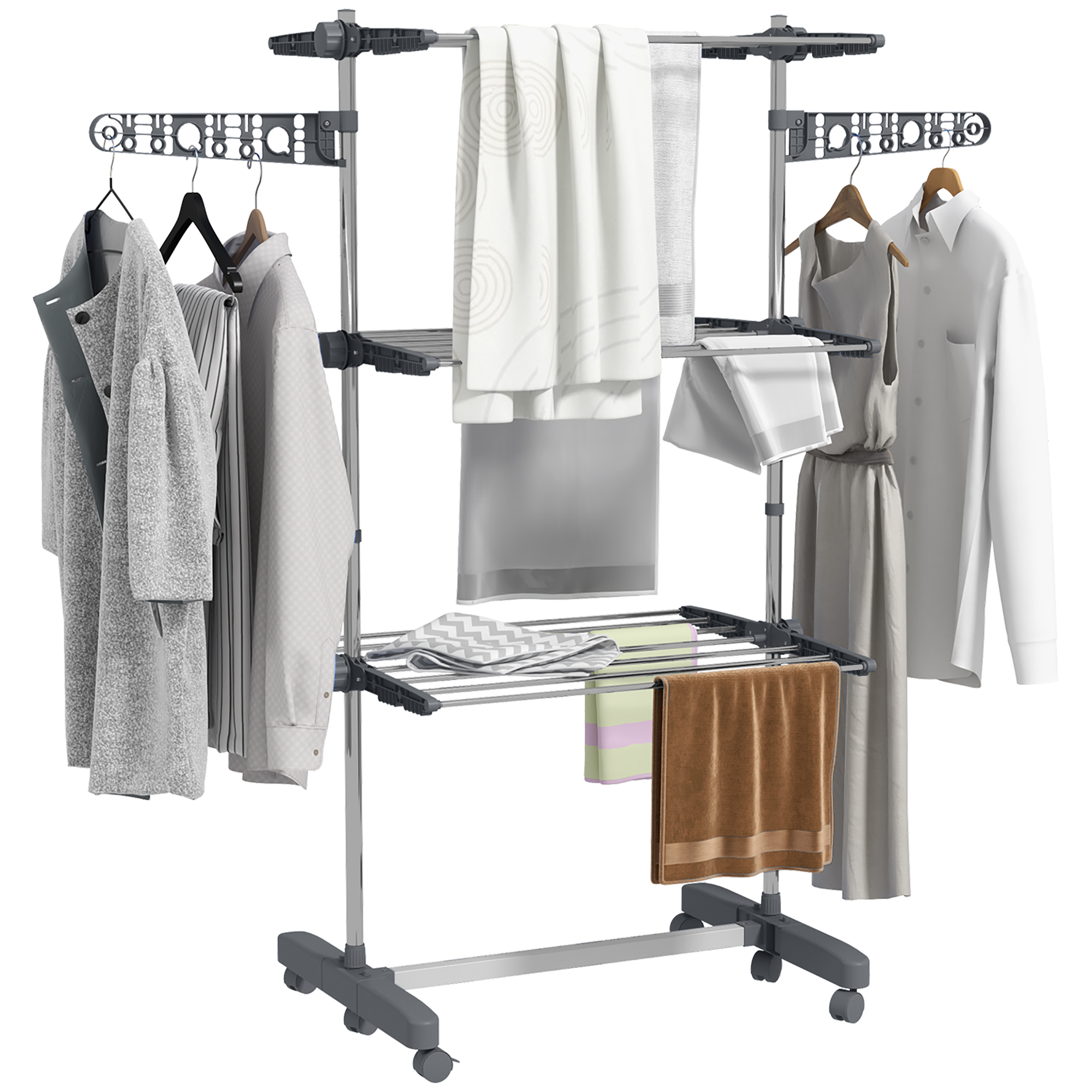 Stendibiancheria con vestiti. Ha più livelli ed è su ruote. Include camicie, pantaloni e asciugamani.