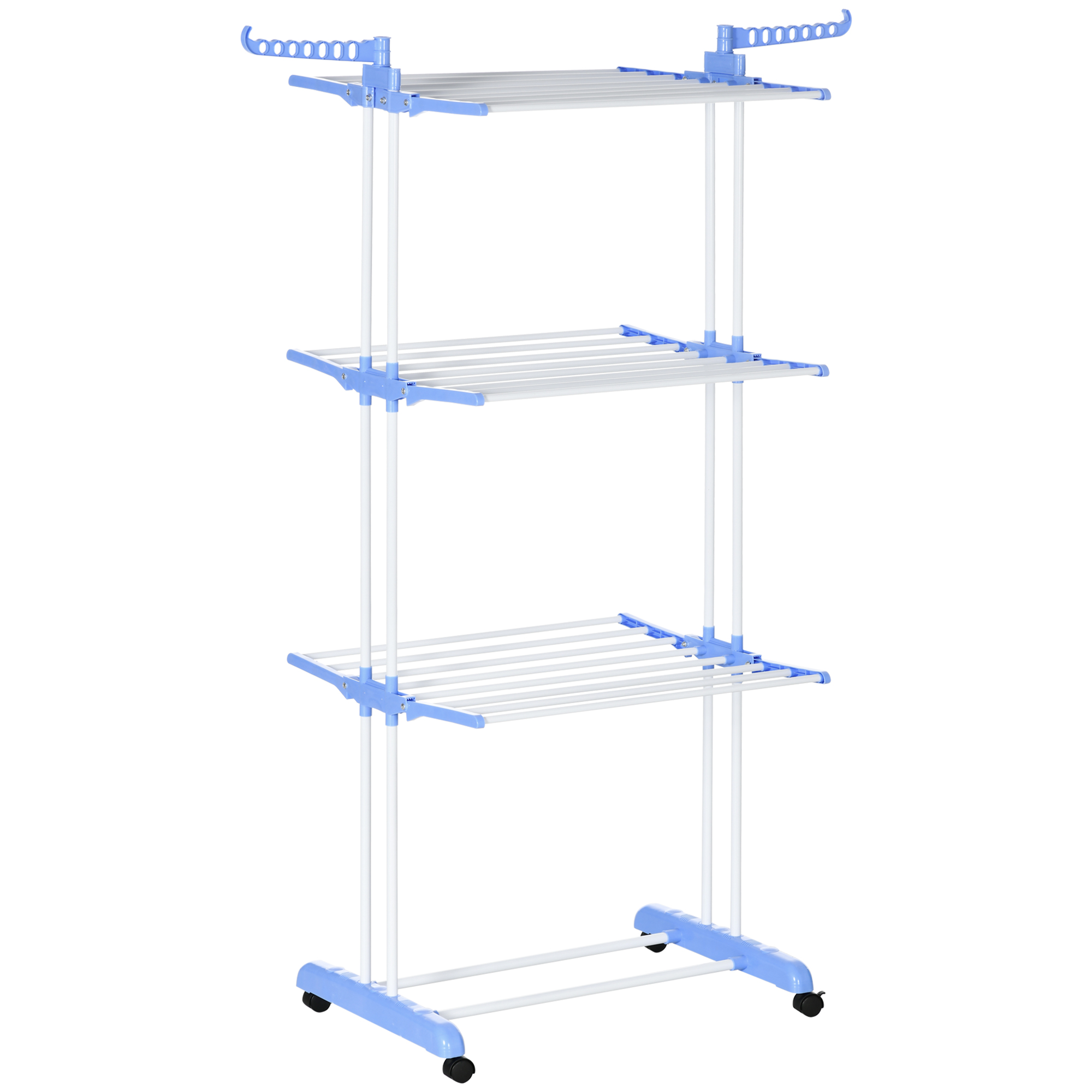 Stendibiancheria blu e bianco. Tre livelli di barre e supporti blu. Sfondo bianco.