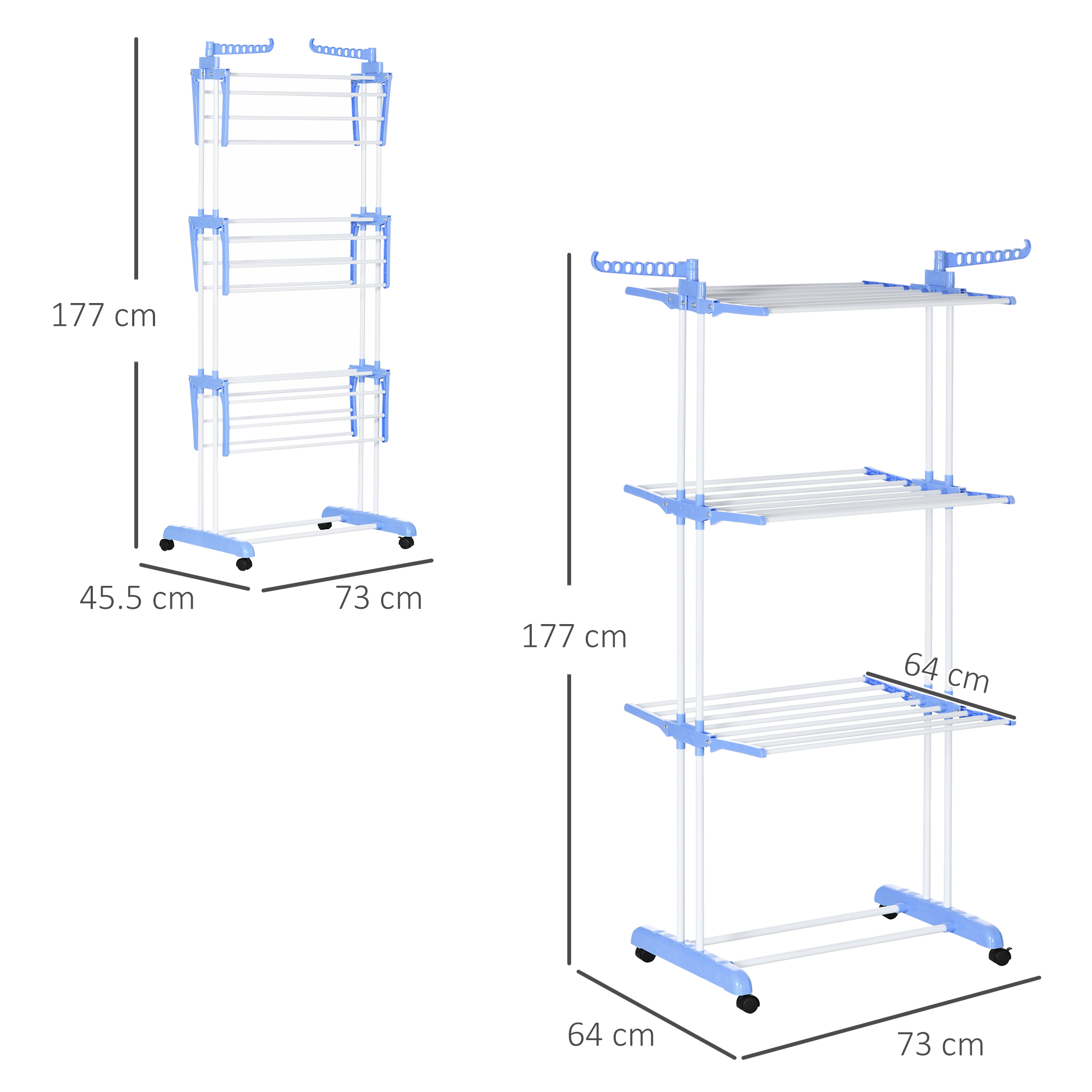 Stendibiancheria blu e bianco. Dimensioni visualizzate.