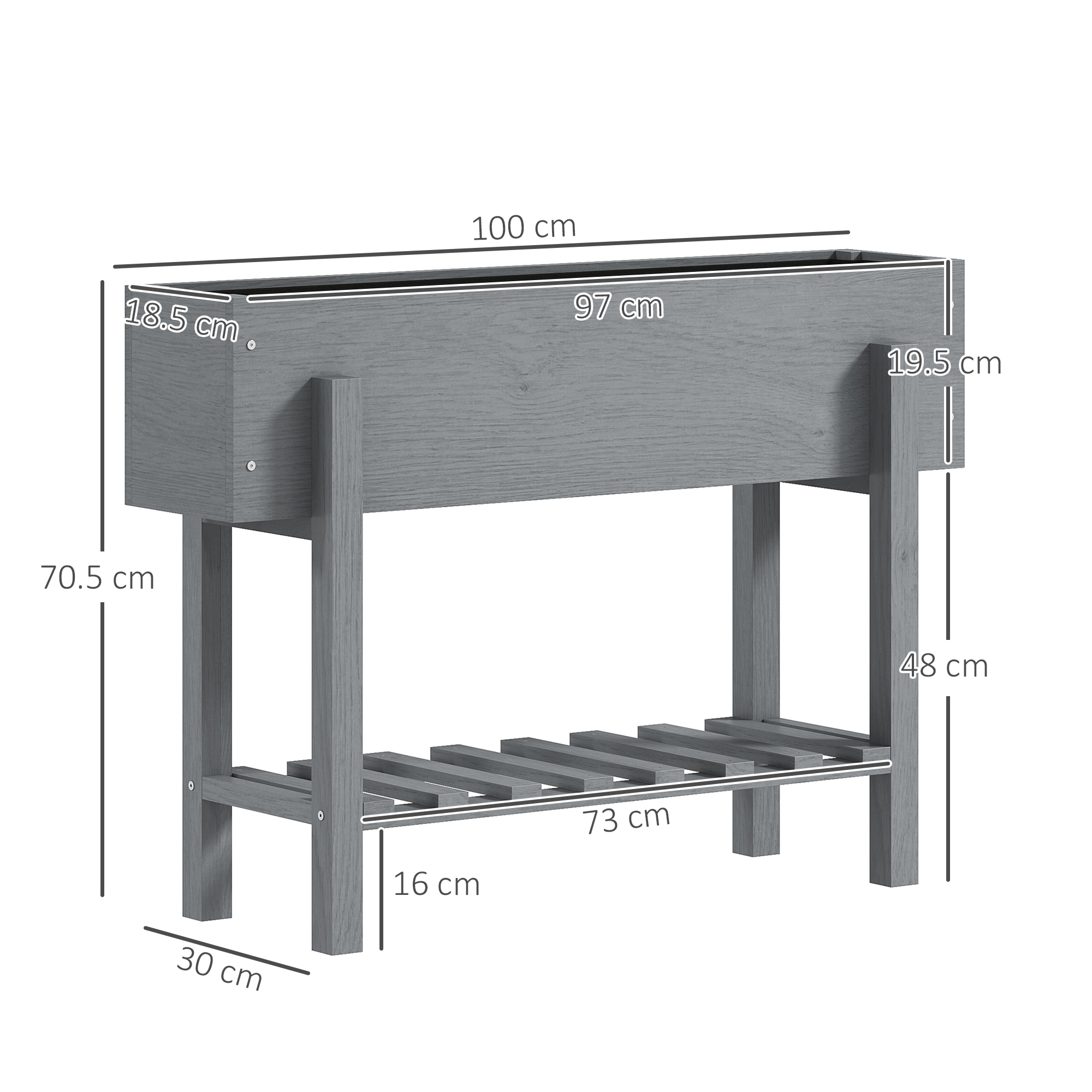 Fioriera in legno grigio con dimensioni. Misure in cm. Forma rettangolare con fondo a doghe.